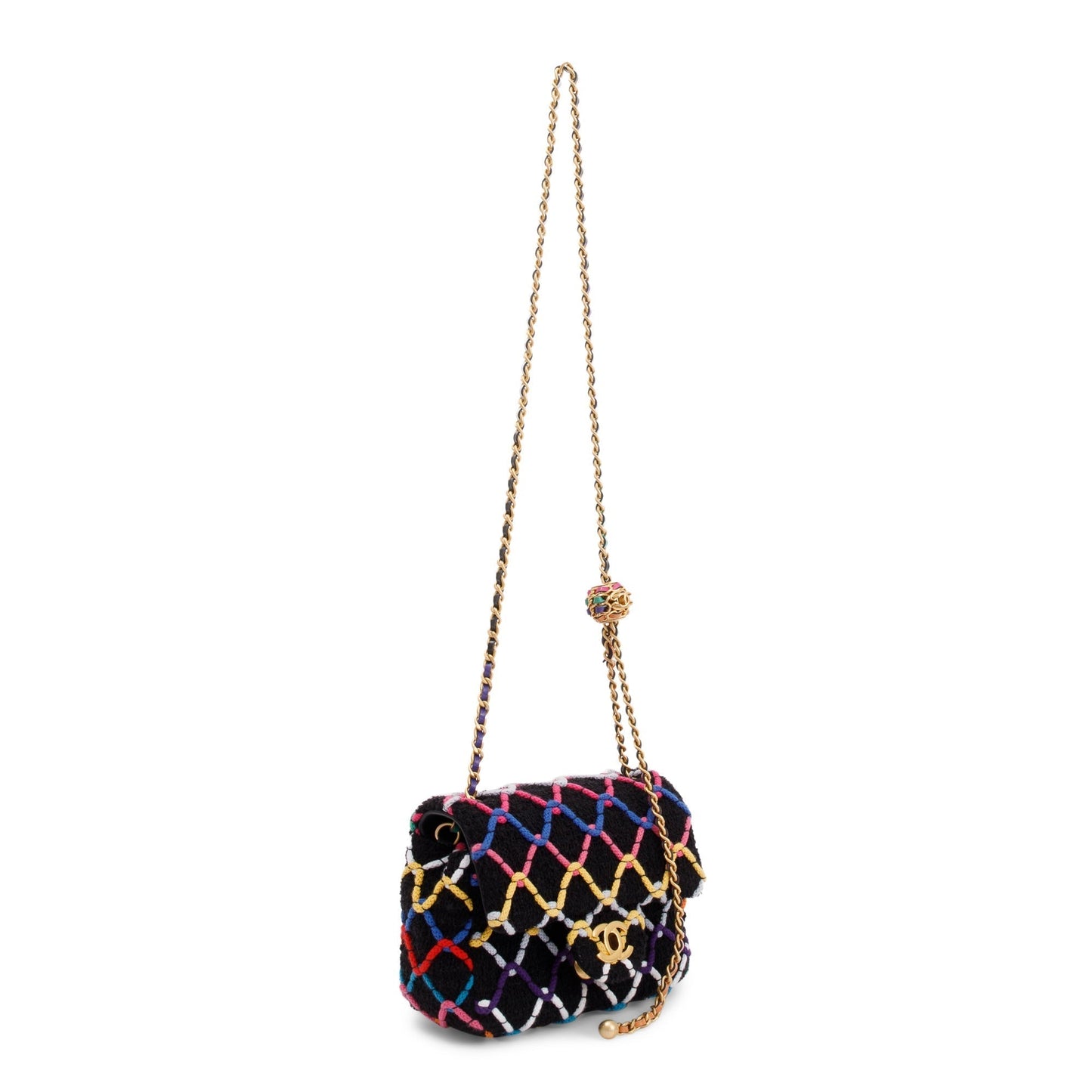 Chanel 2022 Diamond Threaded Tweed CC Pearl Crush Square Mini Flap Bag