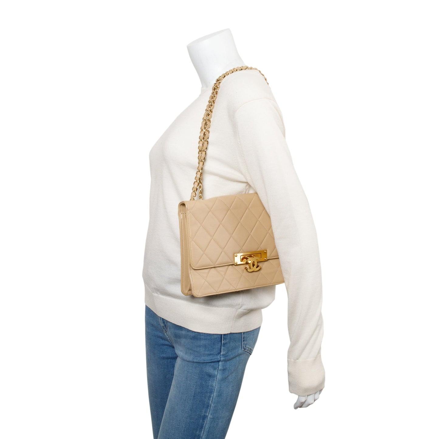 Chanel Beige Lambskin Leather Large Golden Class Flap Bag