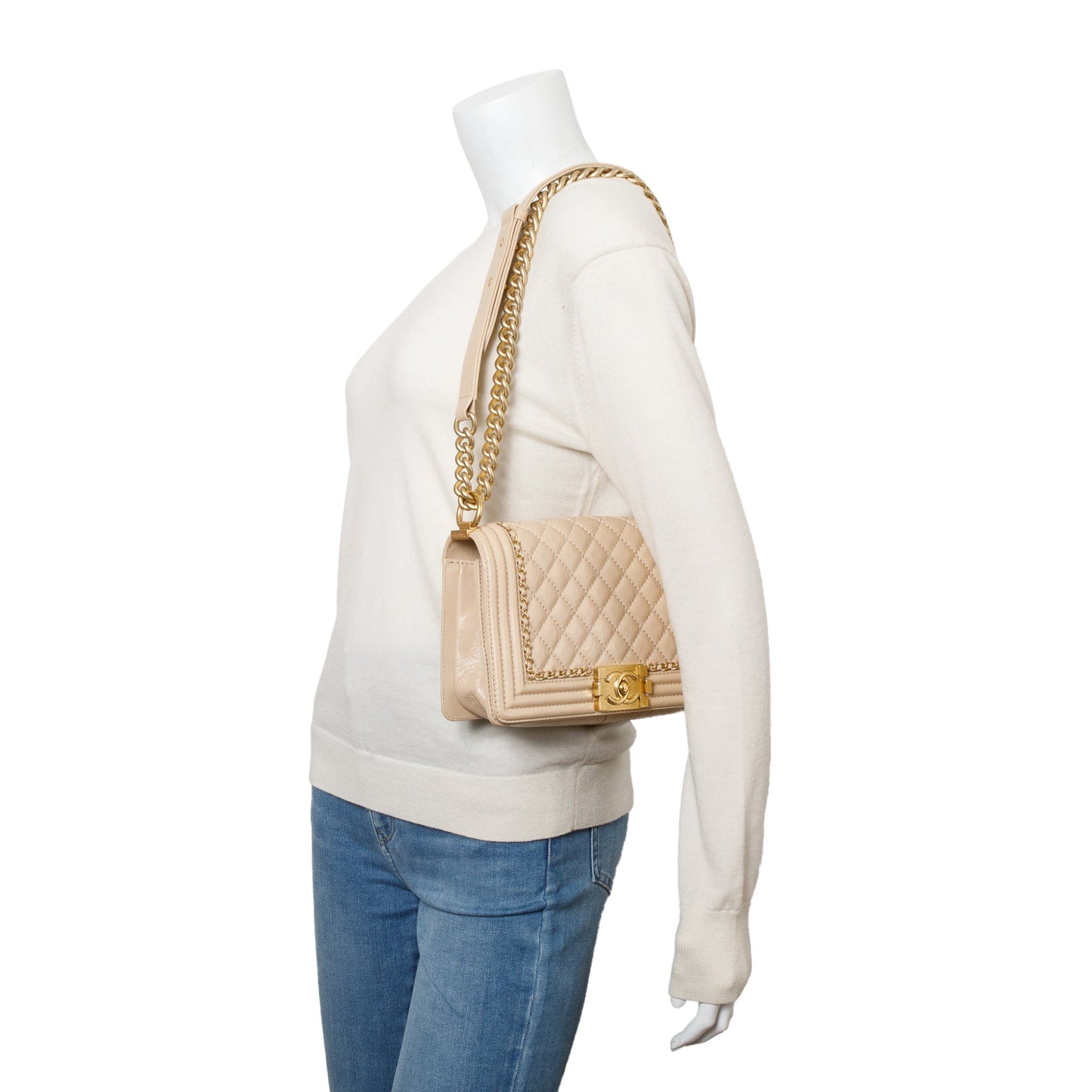 Chanel Beige Quilted Aged Calfskin Leather Medium Jacket Boy Bag w/ Authenticity Card