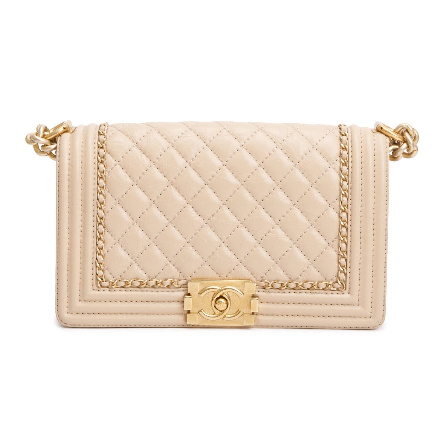 Chanel Beige Quilted Aged Calfskin Leather Medium Jacket Boy Bag w/ Authenticity Card
