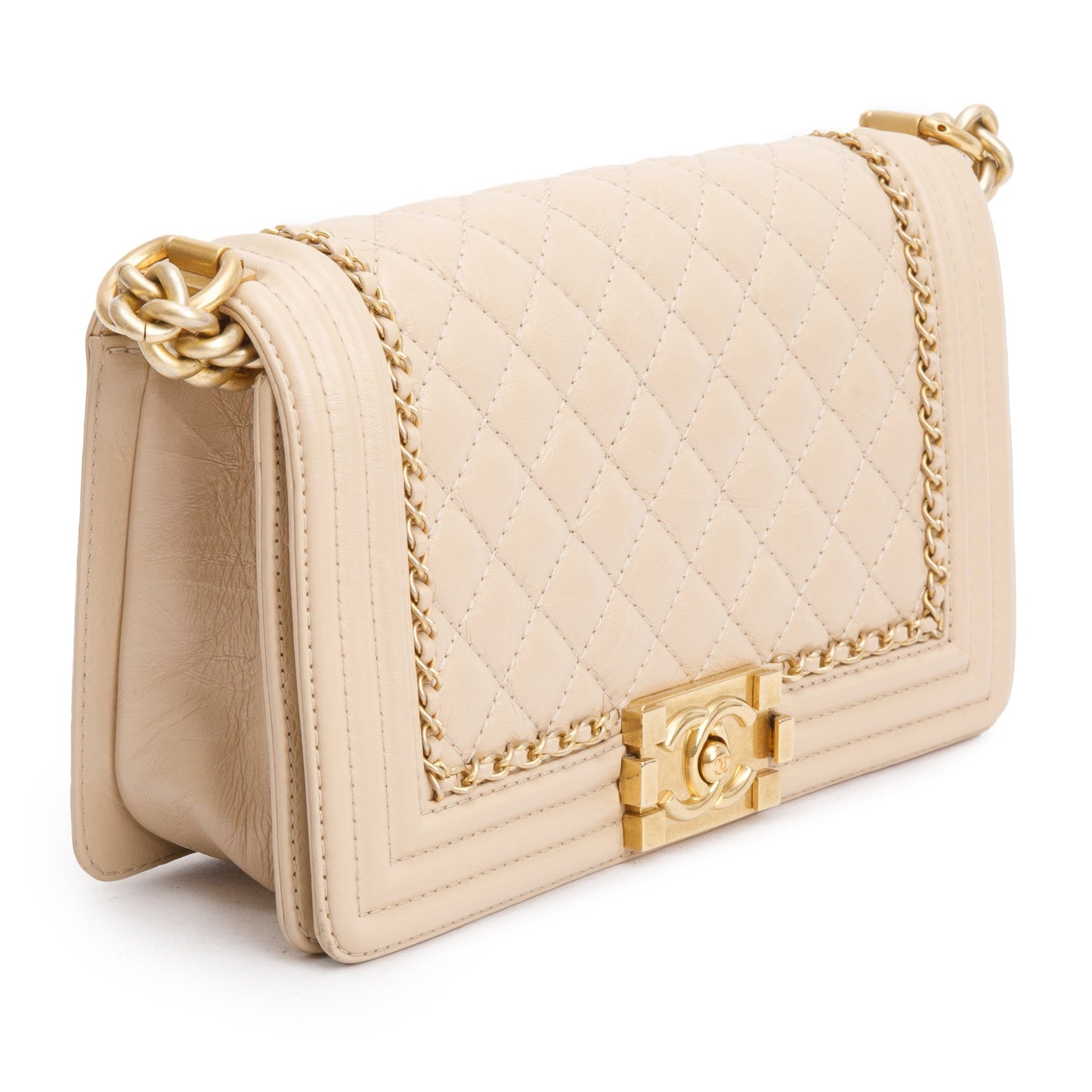 Chanel Beige Quilted Aged Calfskin Leather Medium Jacket Boy Bag w/ Authenticity Card