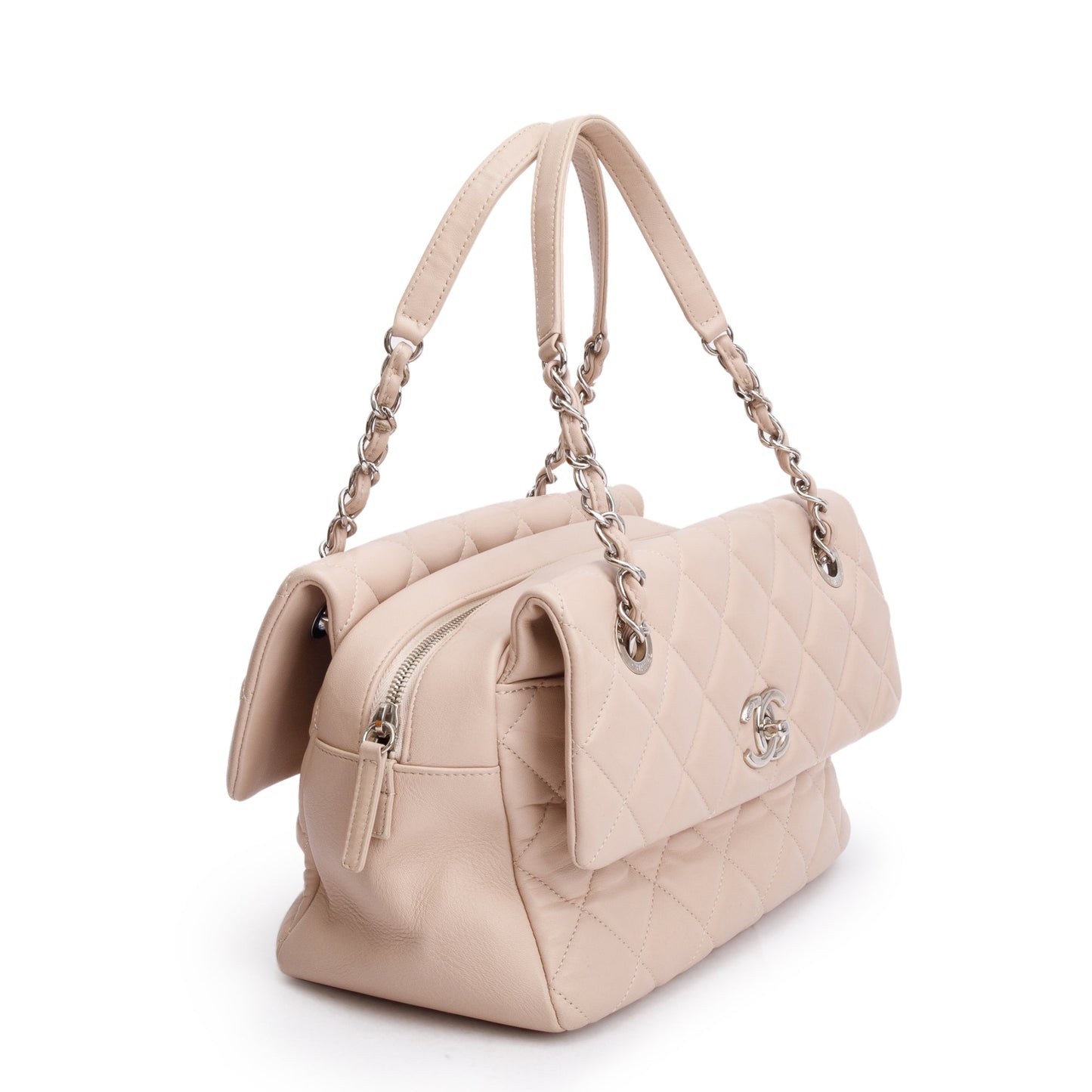 Chanel Beige Quilted Lambskin Leather Double Sided Flap Zip Shoulder Bag