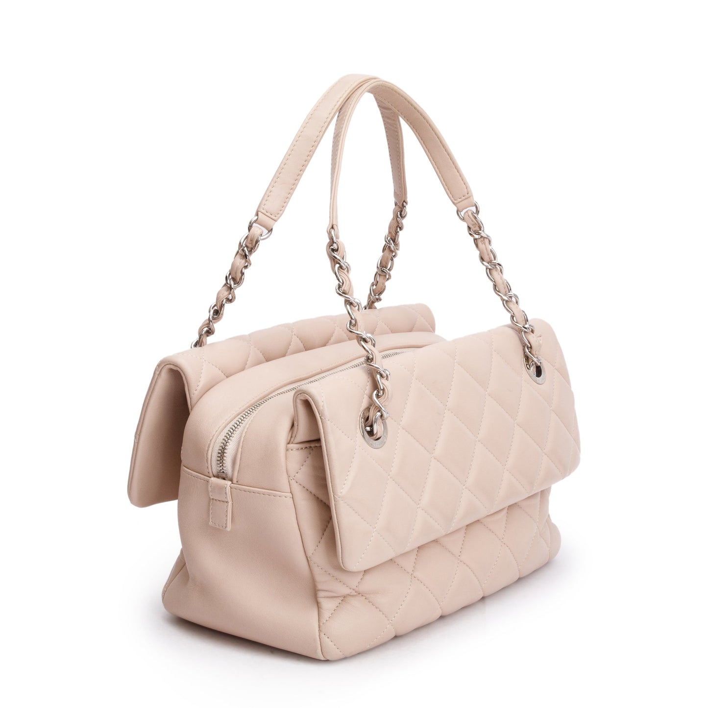 Chanel Beige Quilted Lambskin Leather Double Sided Flap Zip Shoulder Bag