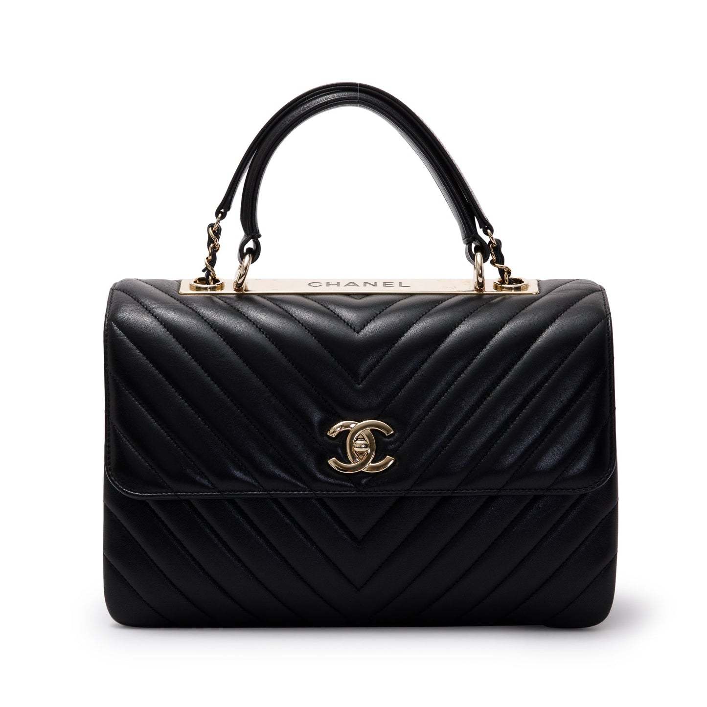 Chanel Black Chevron Lambskin Trendy CC Medium Top Handle Flap Bag w/ Box & Authenticity Card