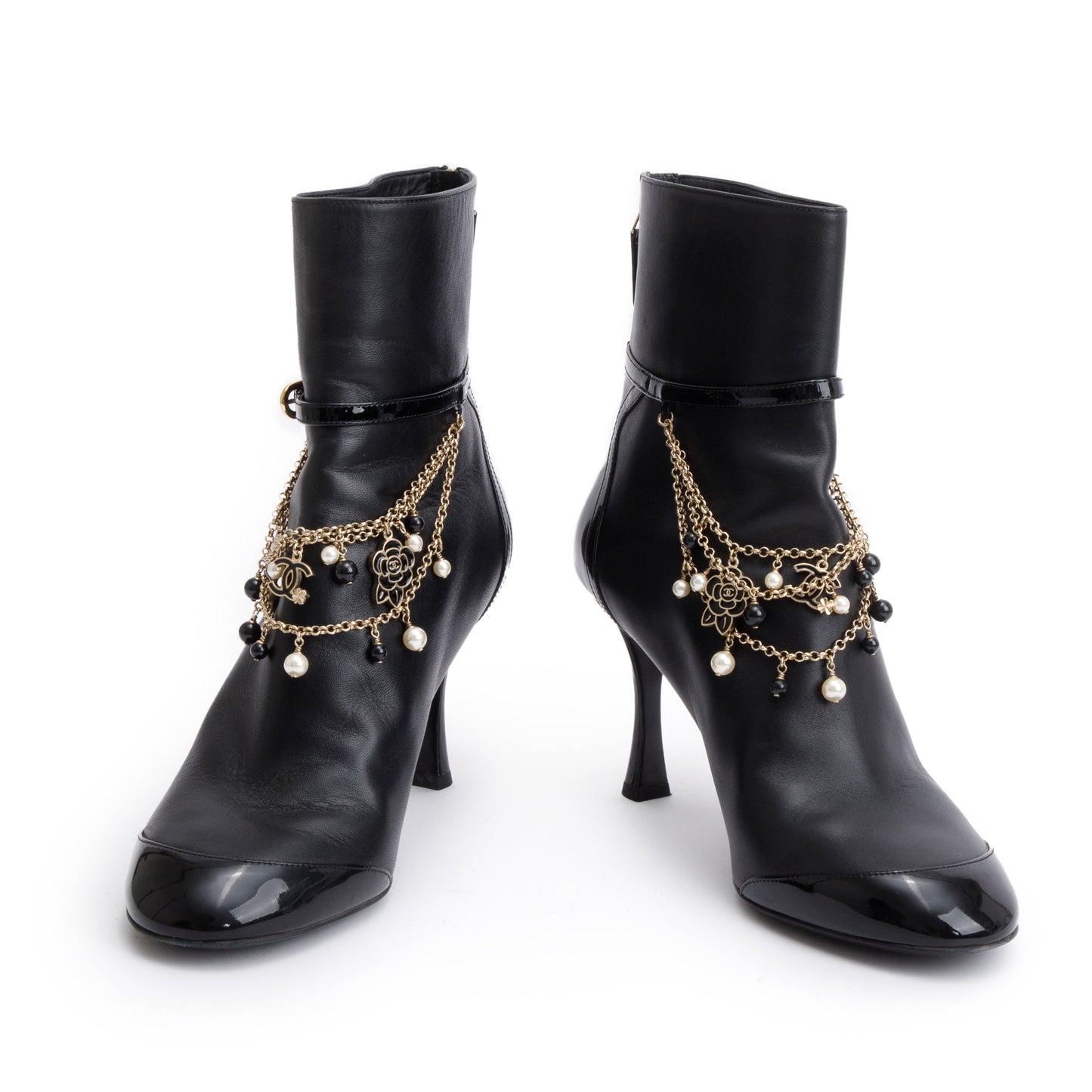 Chanel Black Leather Faux Pearl Bead Charms Interlocking CC Logo Chain Lace Up Ankle Boots, Size 40 w/ Box