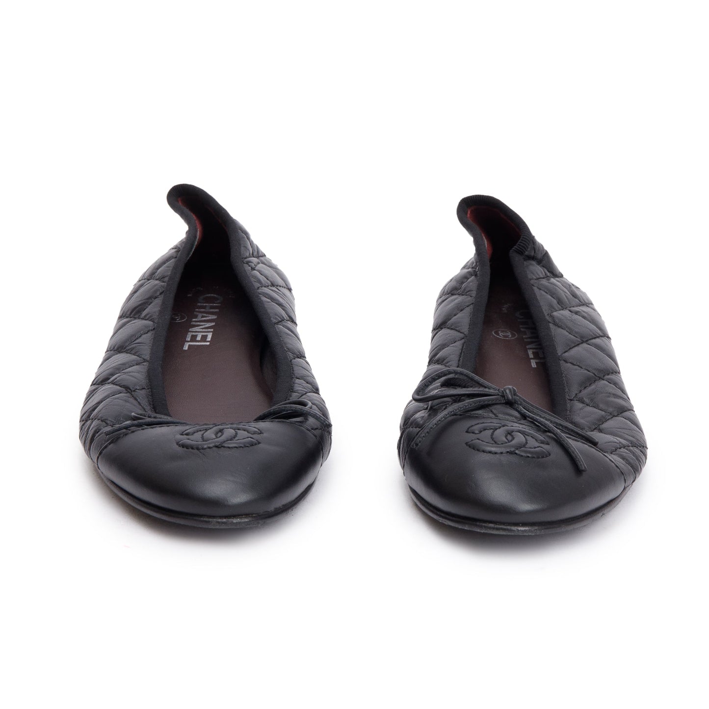 Chanel Black Leather Interlocking CC Logo Ballet Flats, Size 37.5