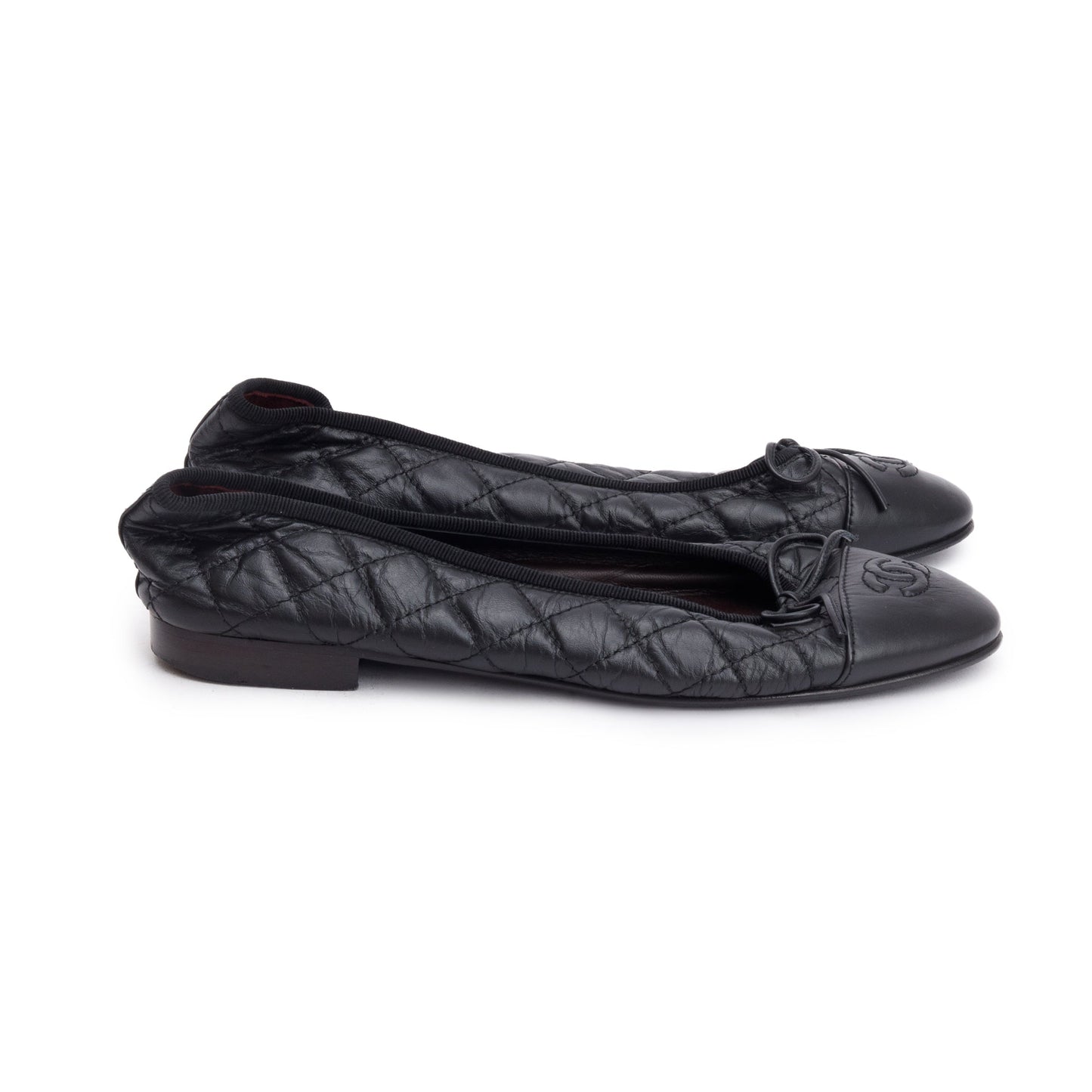 Chanel Black Leather Interlocking CC Logo Ballet Flats, Size 37.5