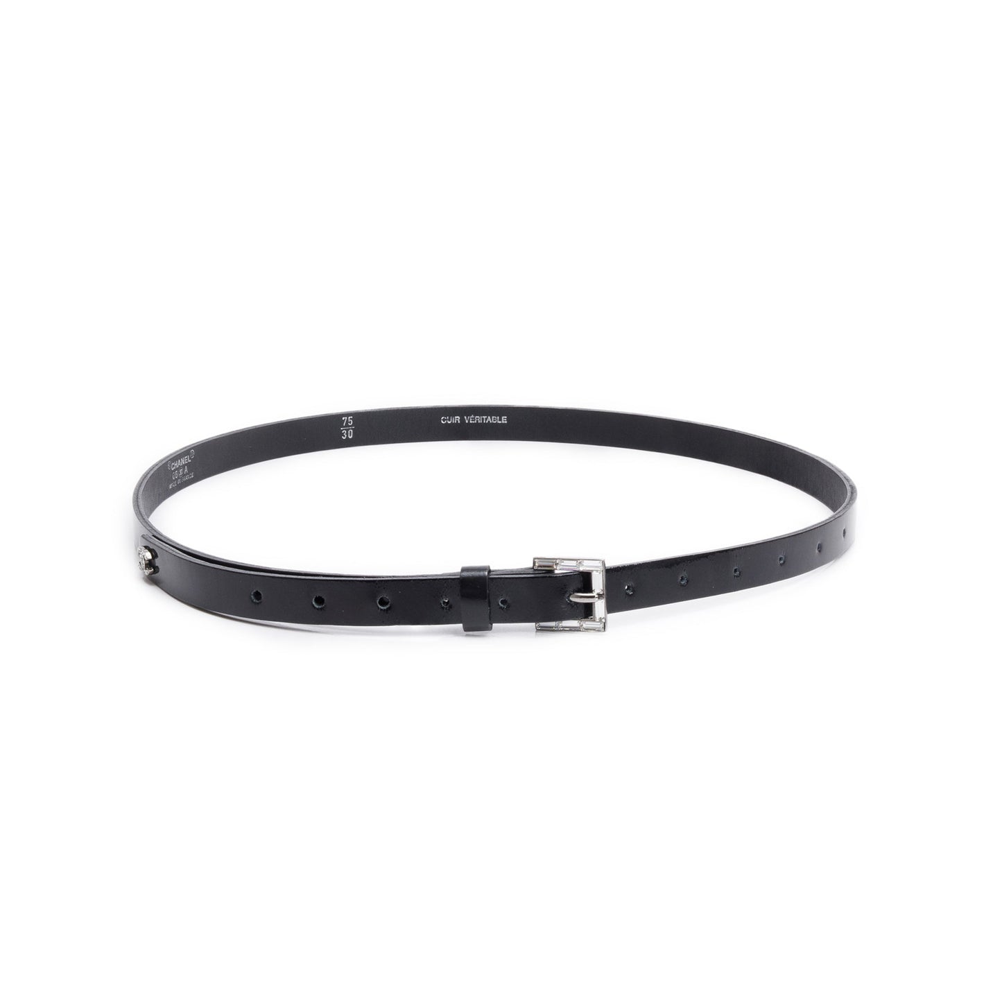 Chanel Black Patent Leather Strass Buckle Skinny Belt 75 30 w/ Box