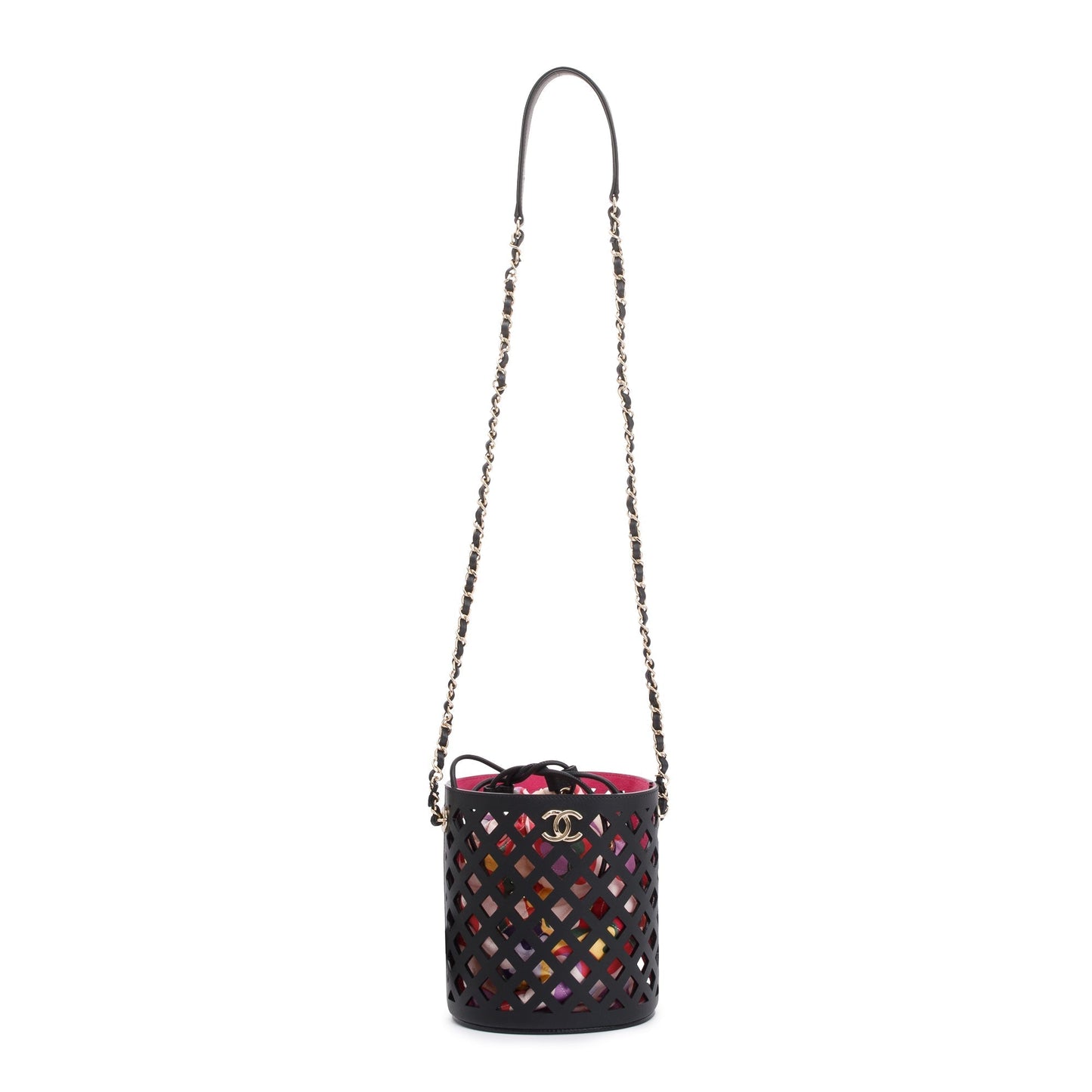 Chanel Black Perforated Calfskin See Through Bucket Bag w/ Pouch