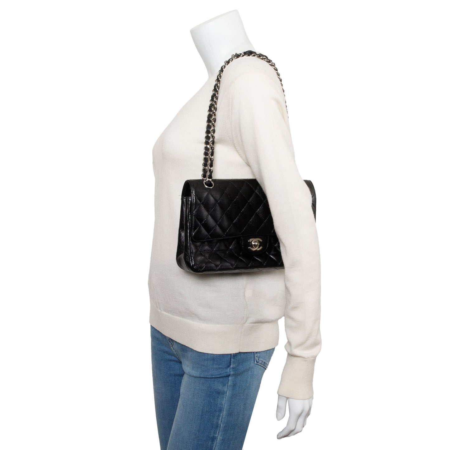 Chanel Black Quilted Caviar Leather Classic Medium Double Flap Bag w/ Box
