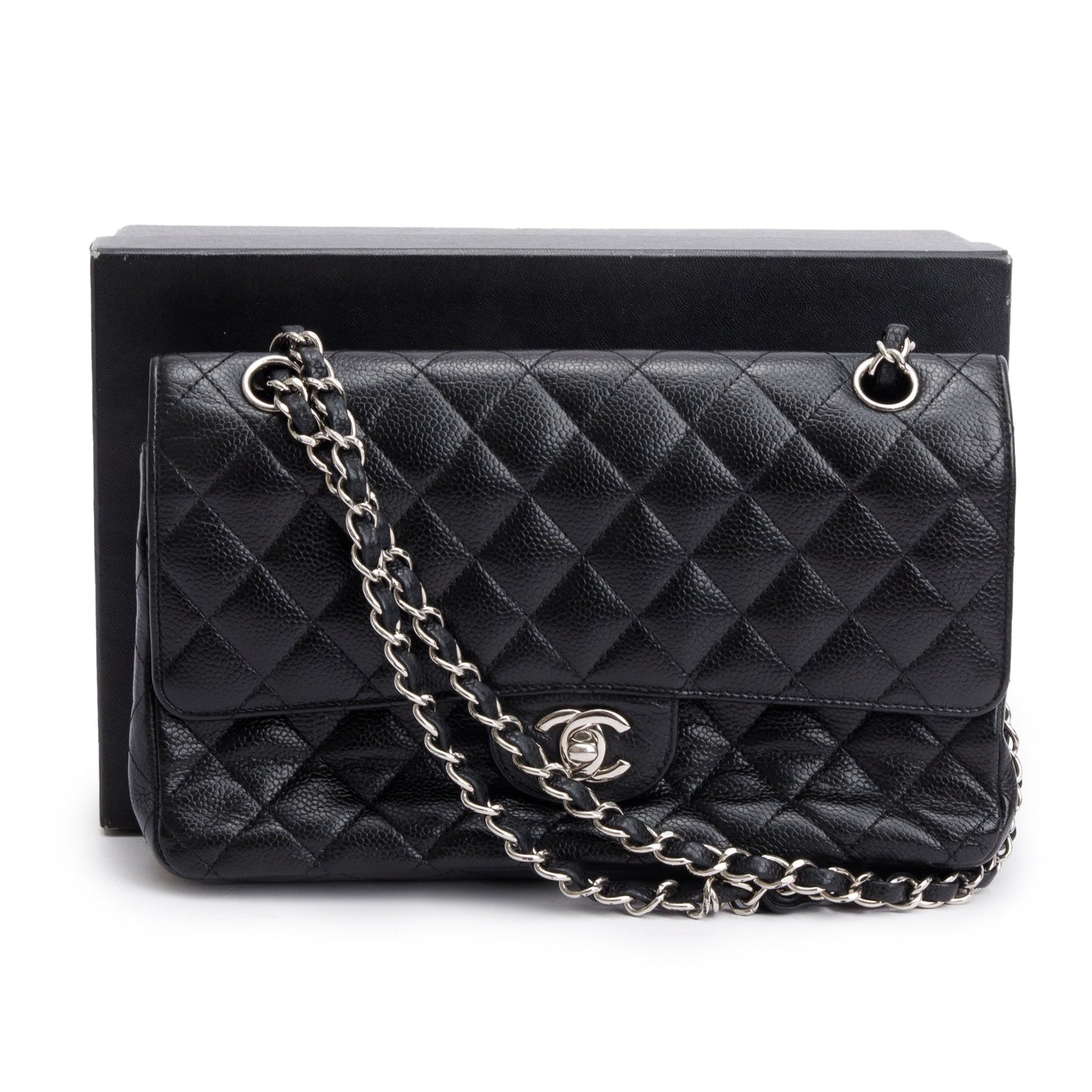 Chanel Black Quilted Caviar Leather Classic Medium Double Flap Bag w/ Box