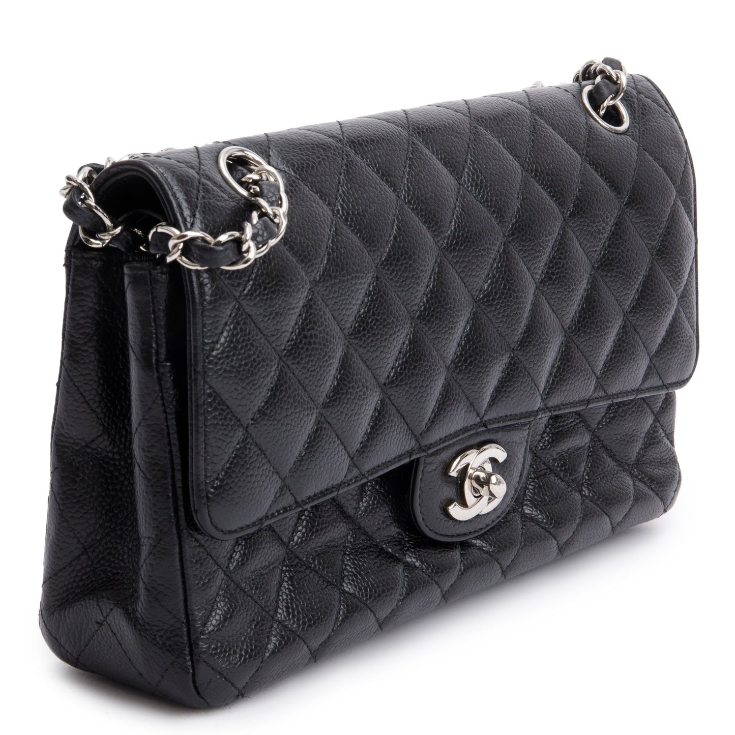 Chanel Black Quilted Caviar Leather Classic Medium Double Flap Bag w/ Box