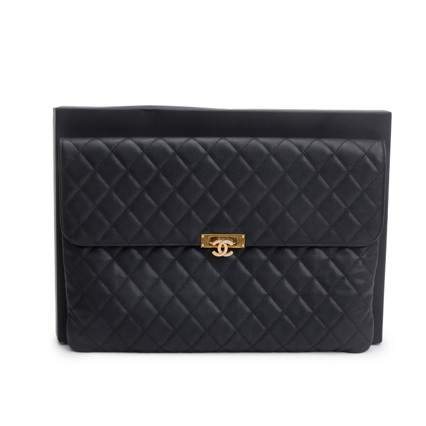 Chanel Black Quilted Caviar Leather Golden Class O-Case Clutch w/ Box & Authenticity Card