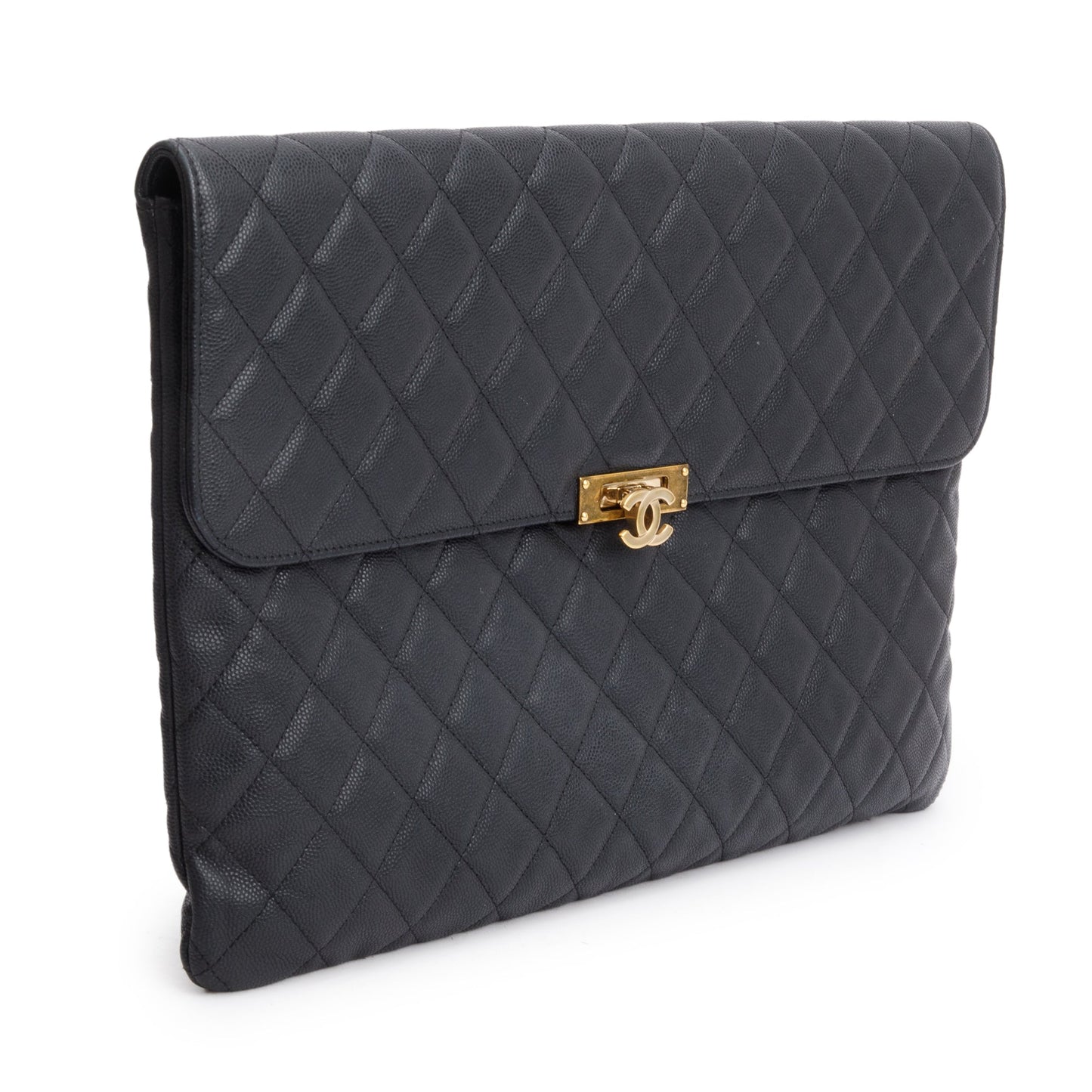 Chanel Black Quilted Caviar Leather Golden Class O-Case Clutch w/ Box & Authenticity Card