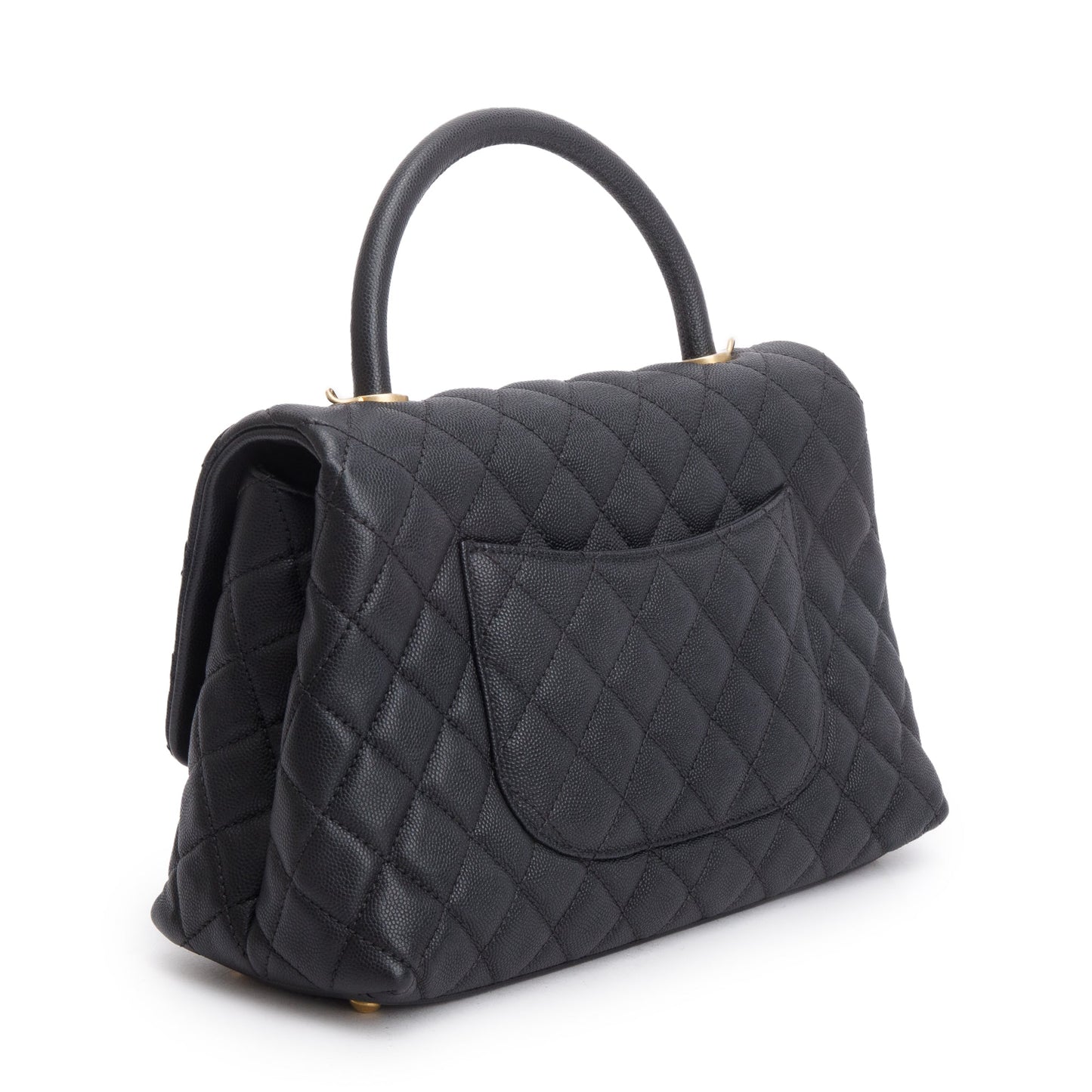 Chanel Black Quilted Caviar Leather Medium Coco Handle Bag w/ Strap, Receipt & Authenticity Card
