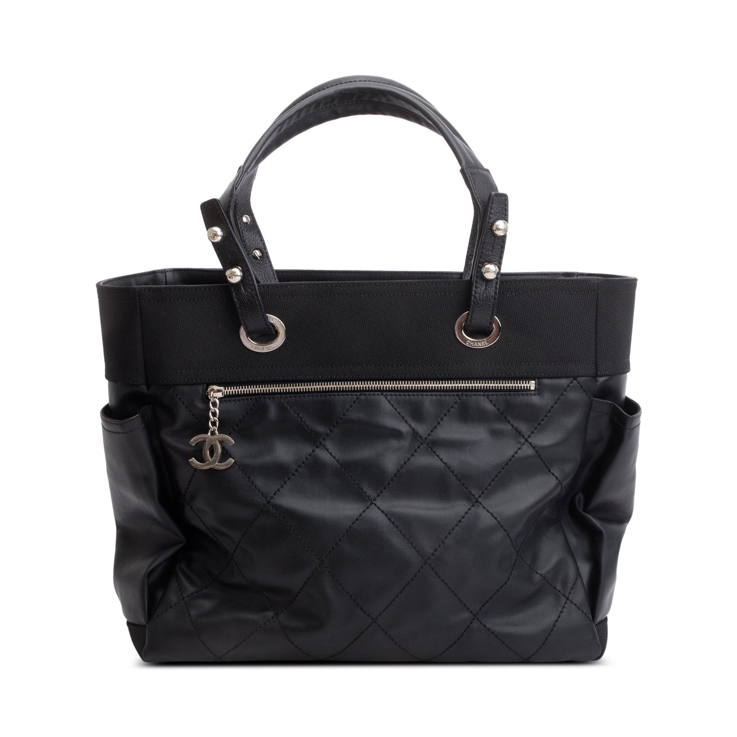 Chanel Black Quilted Coated Canvas Large Paris Biarritz Tote w/ Pouch & Authenticity Card