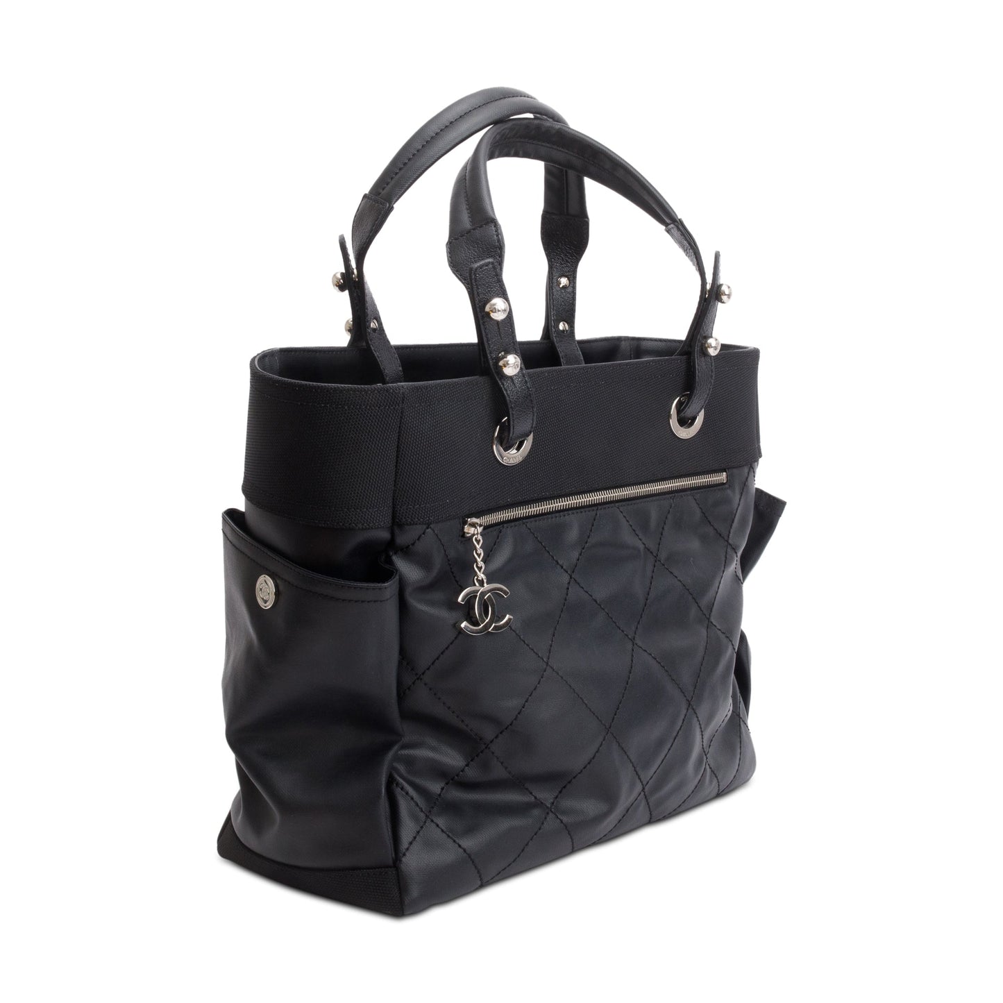 Chanel Black Quilted Coated Canvas Large Paris Biarritz Tote w/ Pouch & Authenticity Card