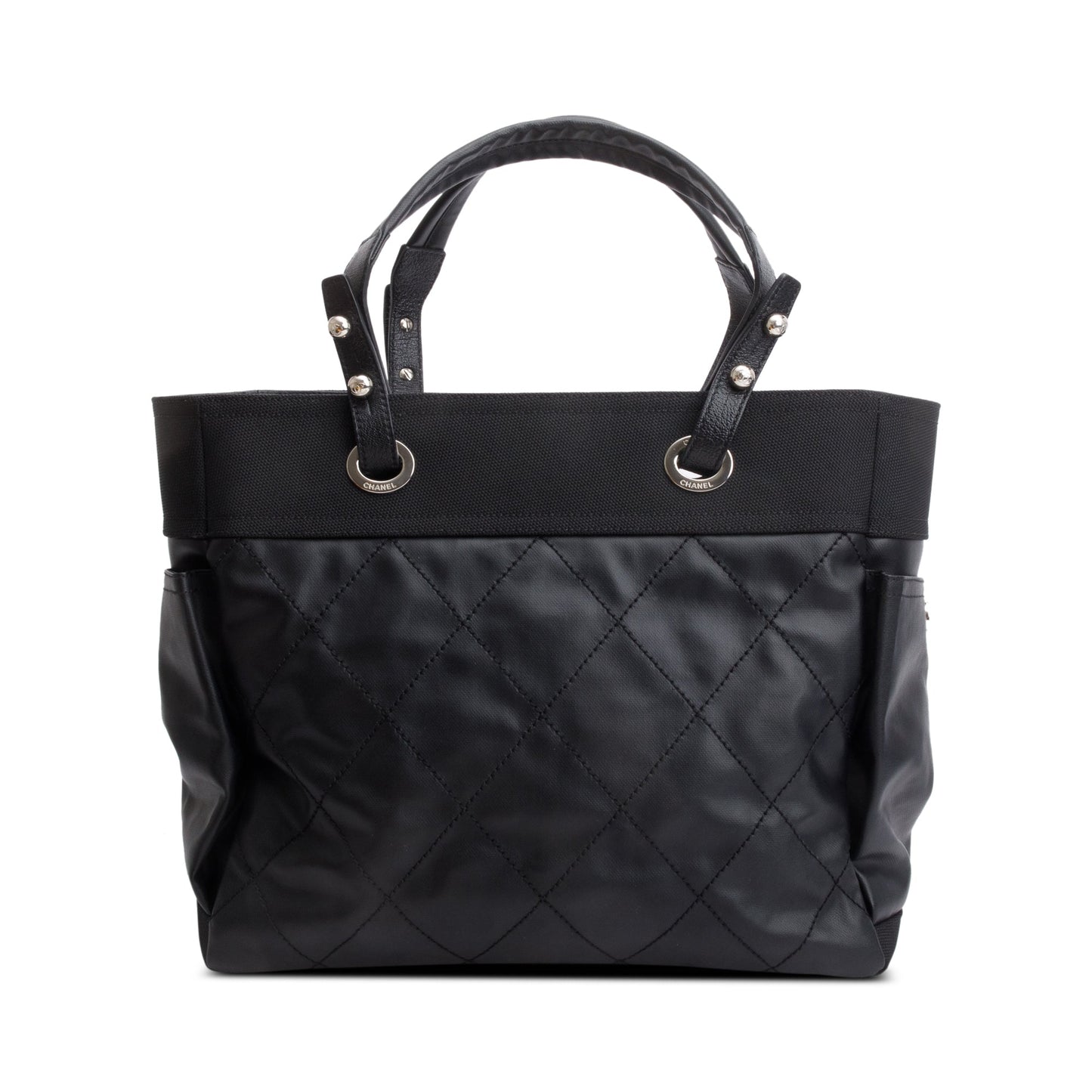 Chanel Black Quilted Coated Canvas Large Paris Biarritz Tote w/ Pouch & Authenticity Card