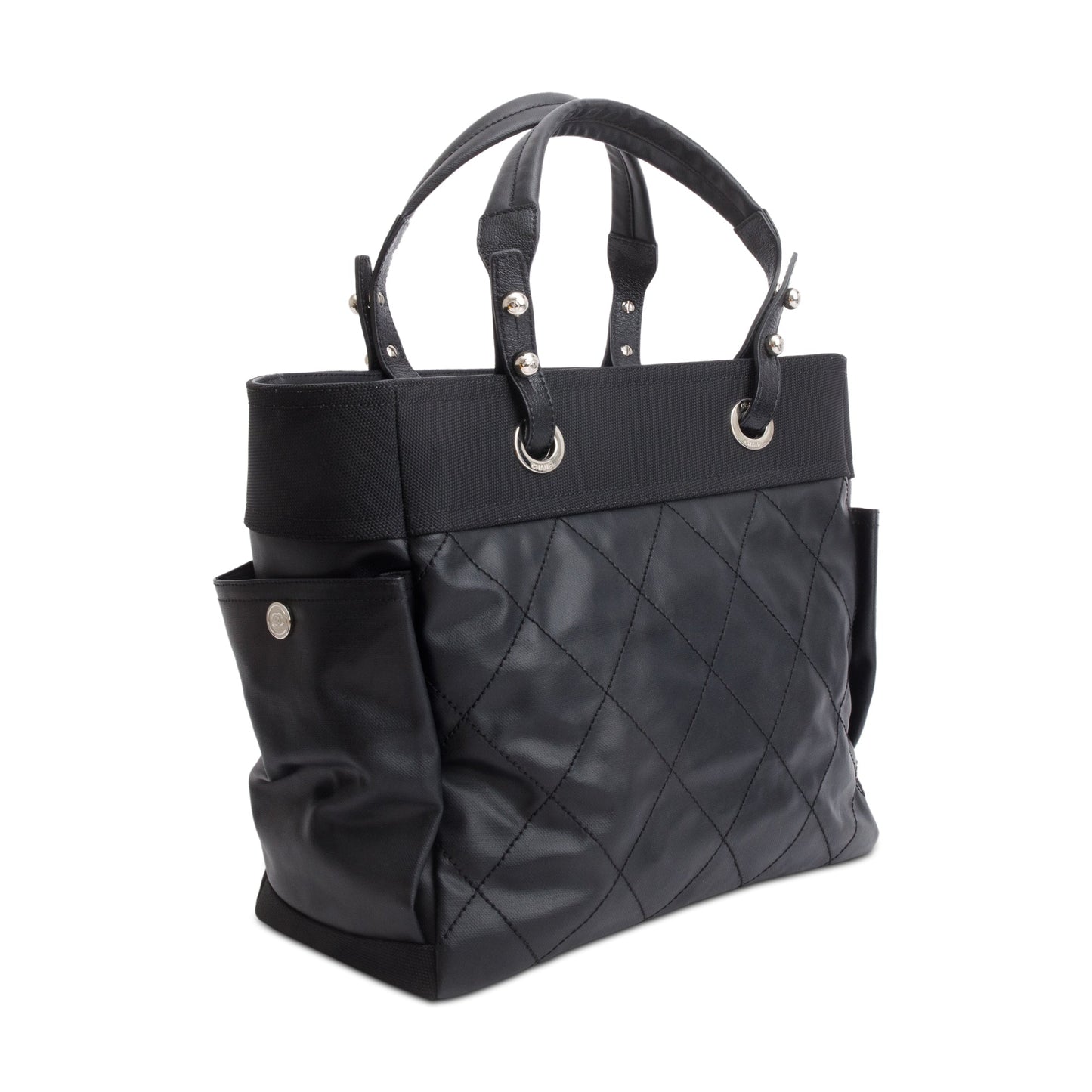 Chanel Black Quilted Coated Canvas Large Paris Biarritz Tote w/ Pouch & Authenticity Card