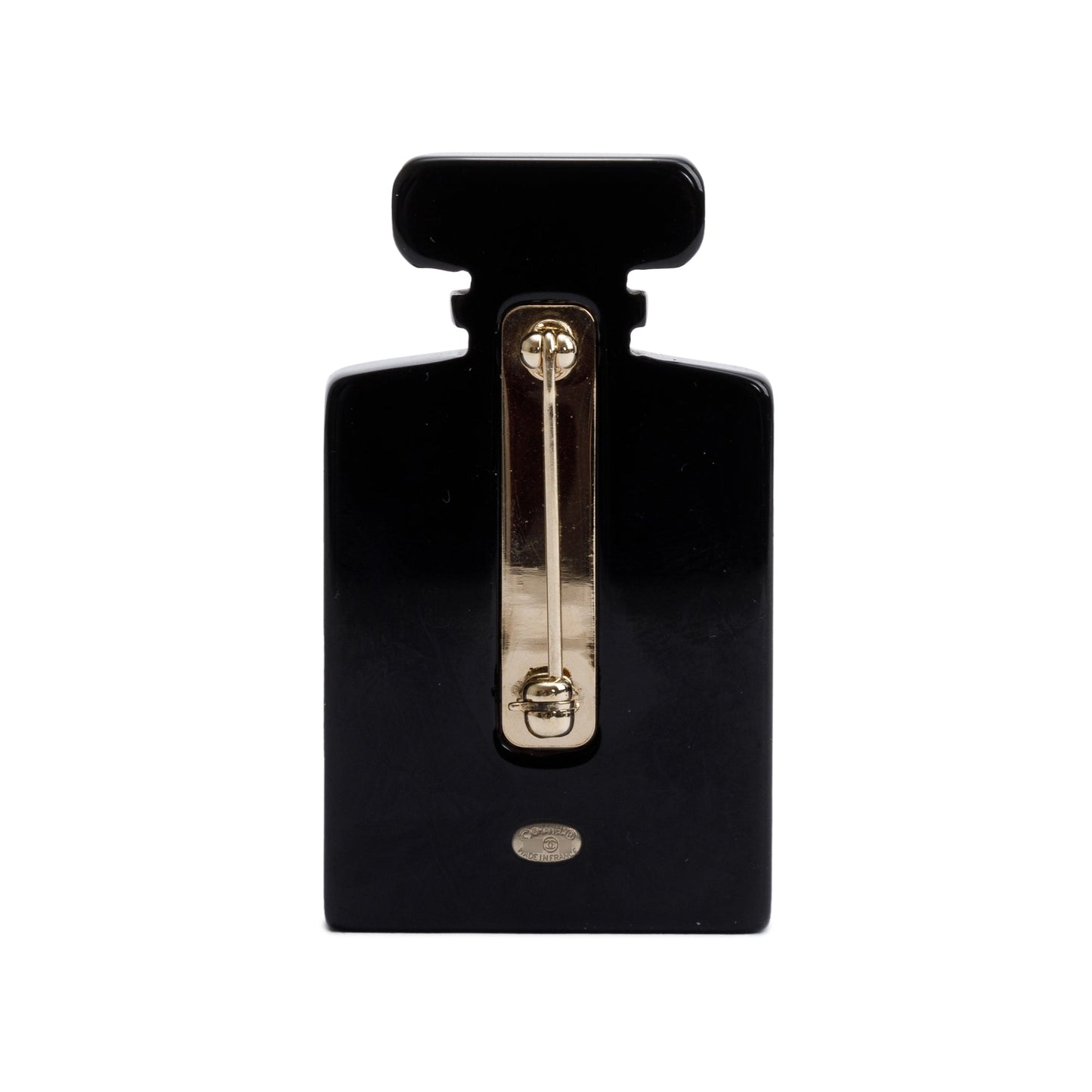 Chanel Black Resin Faux Pearl CC Perfume Bottle Pin Brooch