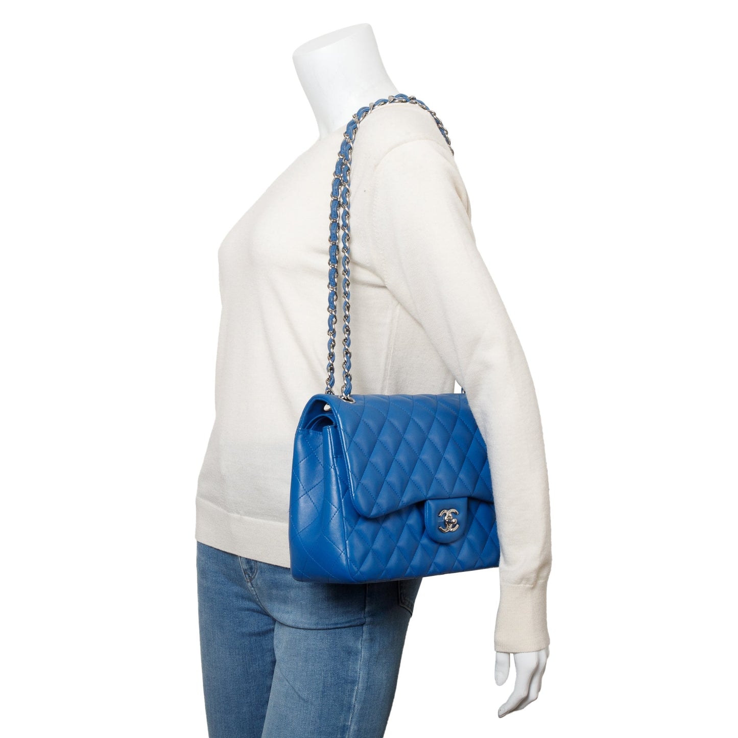 Chanel Blue Quilted Lambskin Leather Classic Jumbo Double Flap Bag w/ Authenticity Card