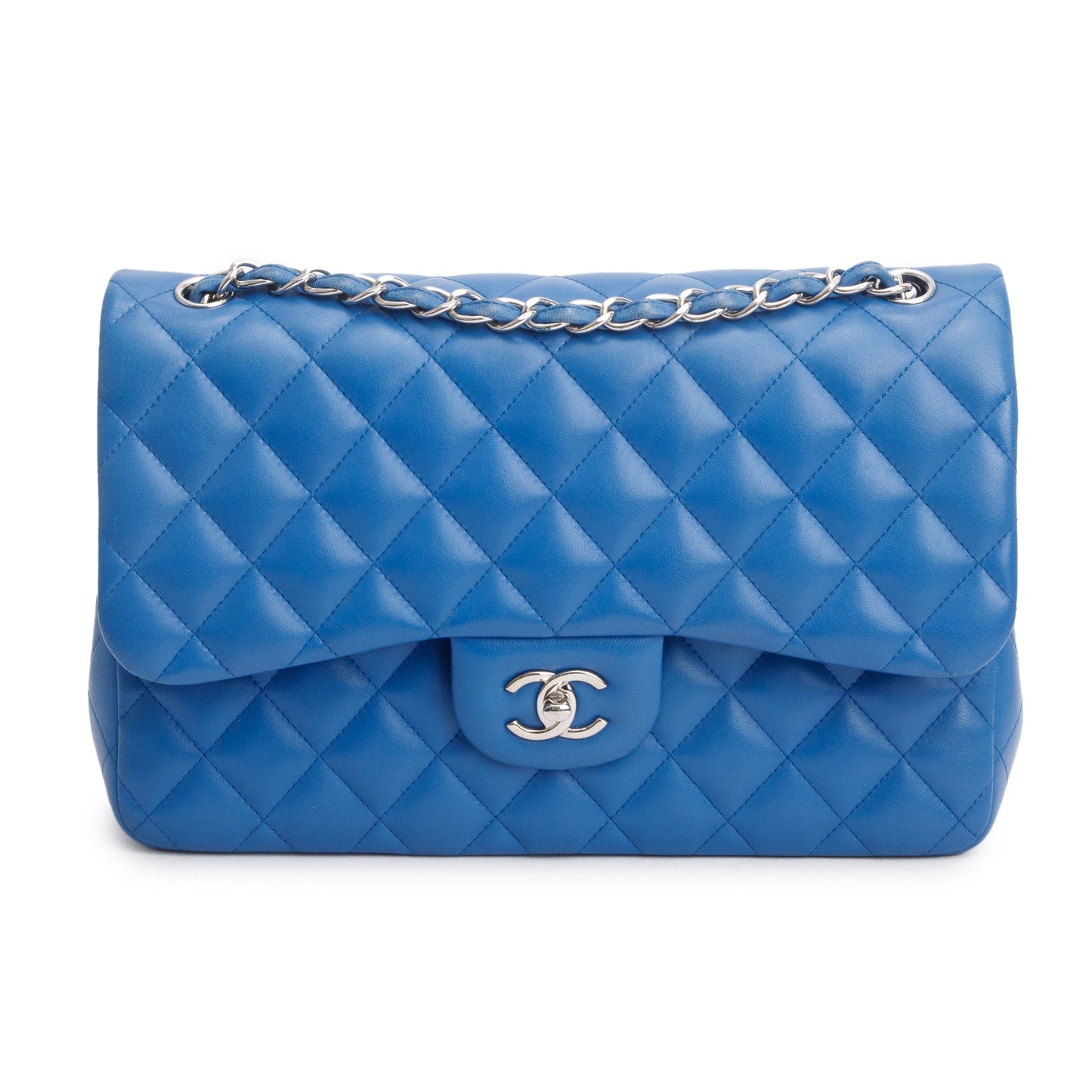 Chanel Blue Quilted Lambskin Leather Classic Jumbo Double Flap Bag w/ Authenticity Card