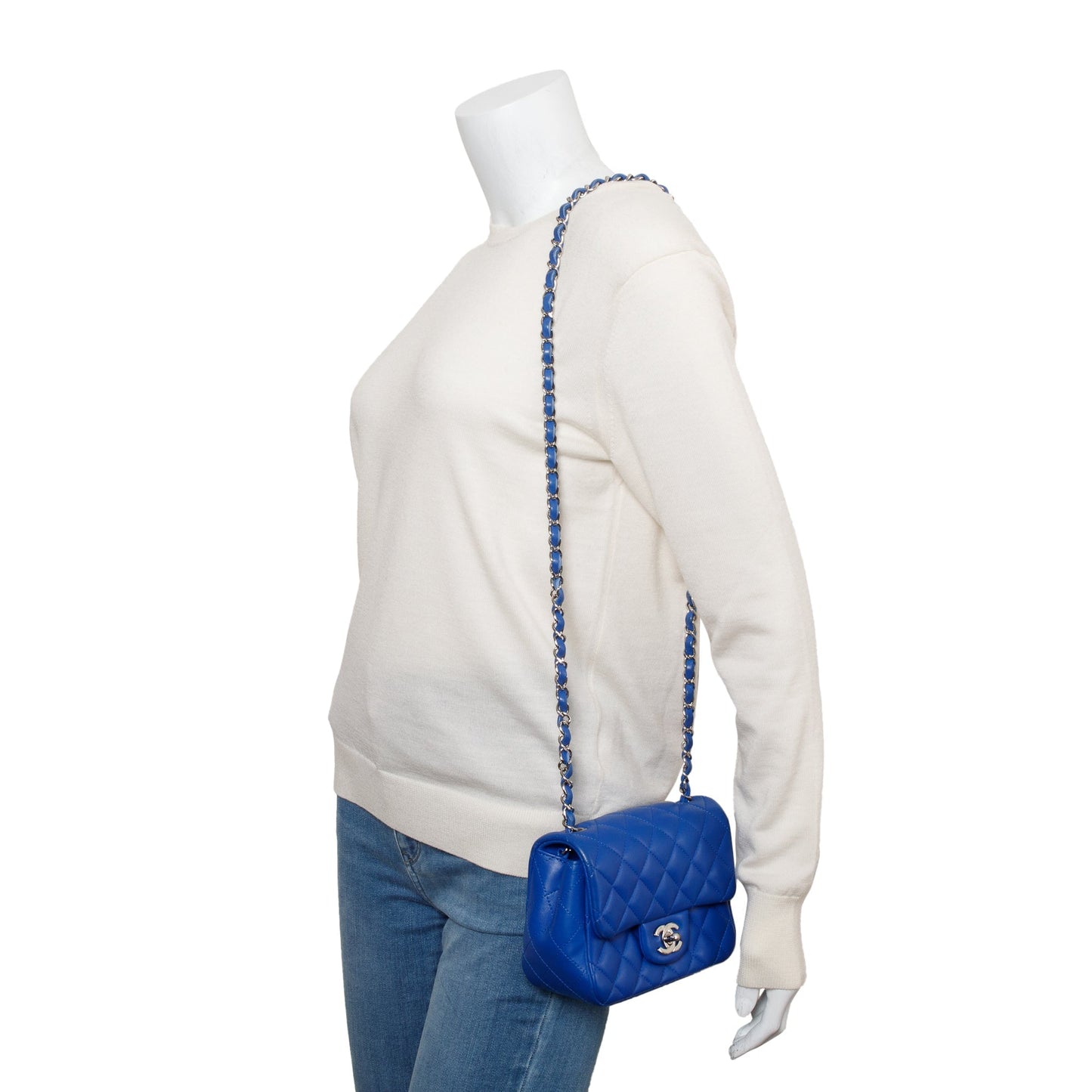 Chanel Blue Quilted Lambskin Leather Classic Square Mini Flap Bag w/ Box, Authenticity Card