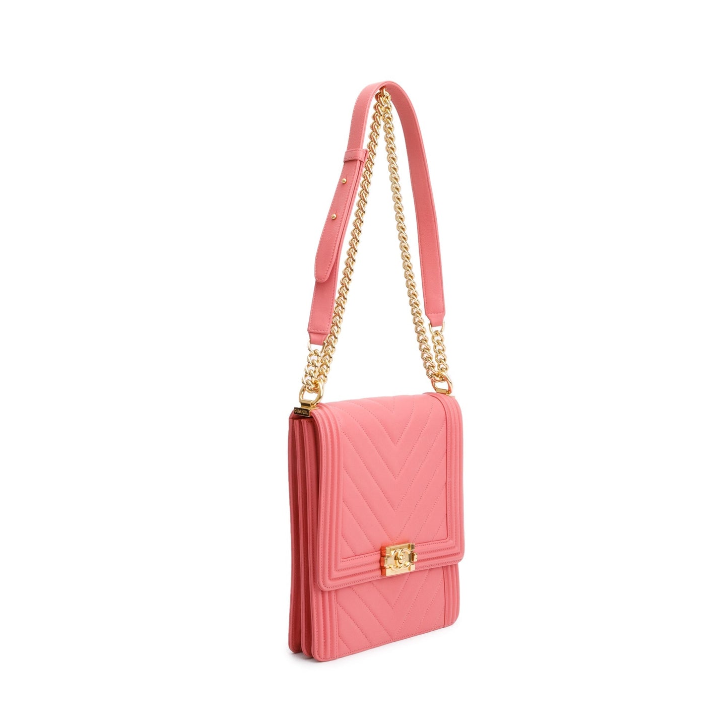 Chanel Pink Chevron Calfskin Leather North/South Boy Bag