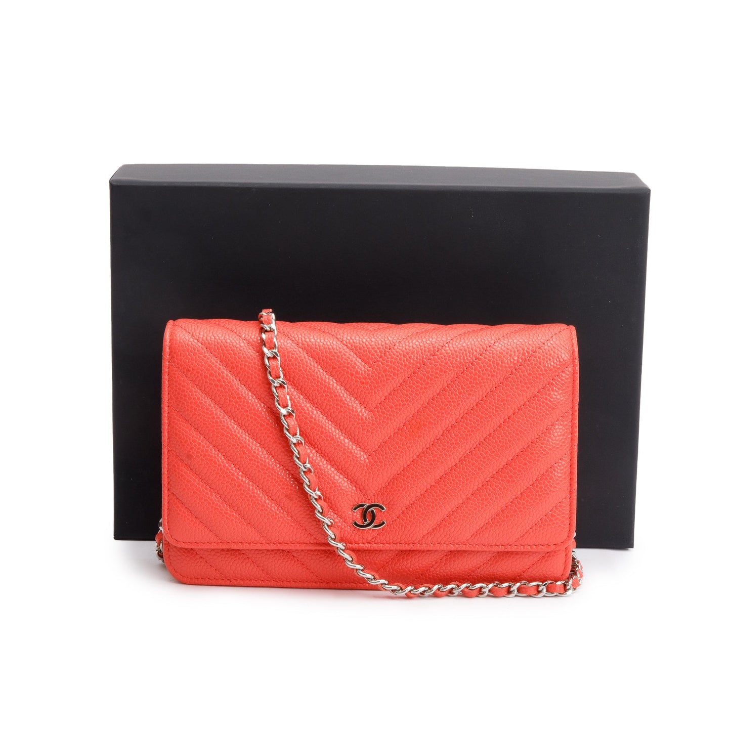 Chanel Pink Chevron Caviar Leather Classic Wallet on Chain w/ Box & Authenticity Card