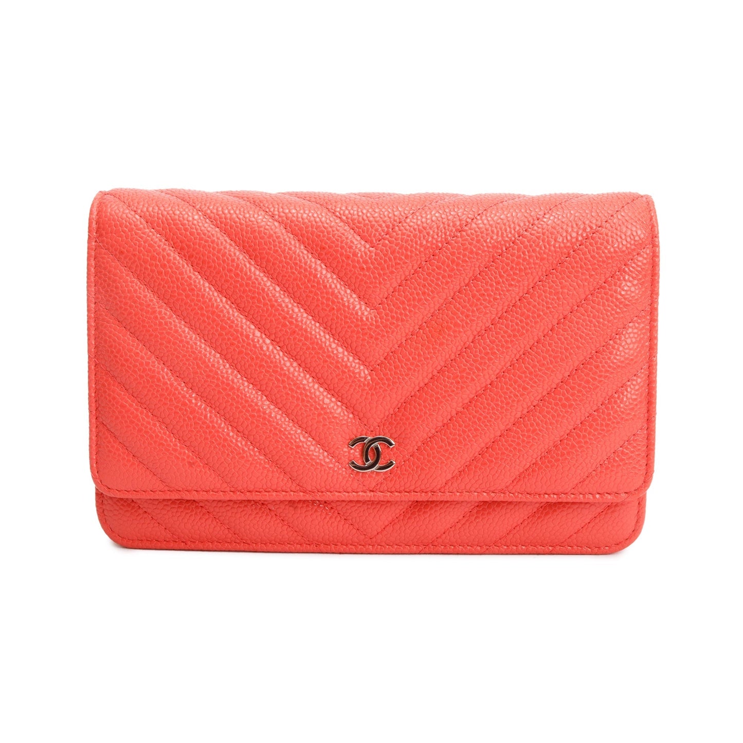 Chanel Pink Chevron Caviar Leather Classic Wallet on Chain w/ Box & Authenticity Card