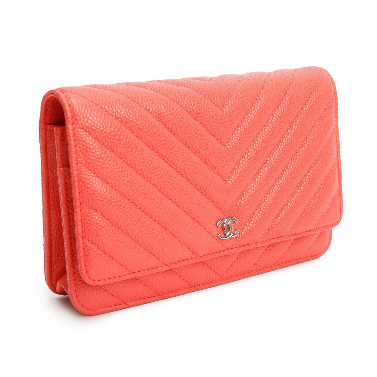 Chanel Pink Chevron Caviar Leather Classic Wallet on Chain w/ Box & Authenticity Card