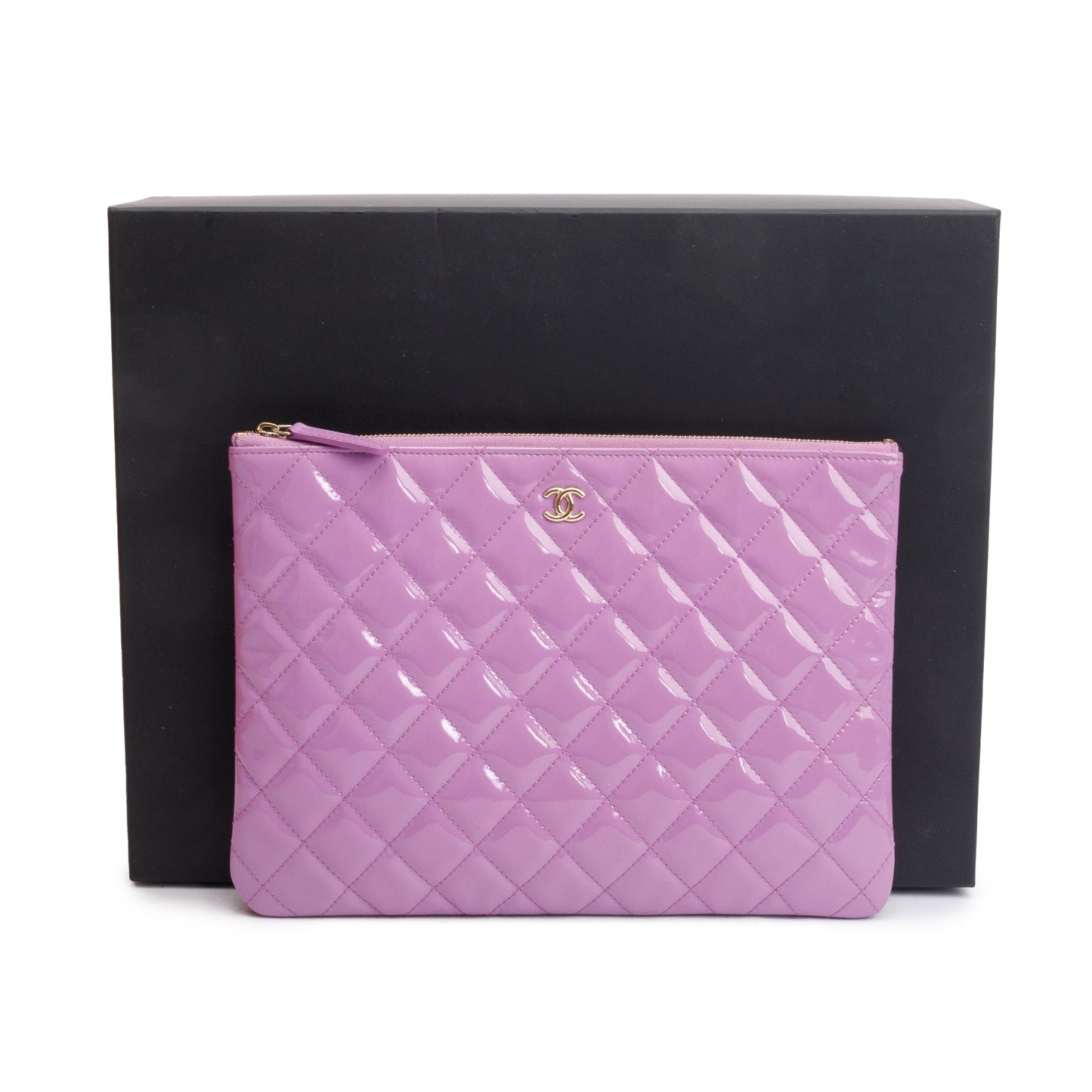 Chanel Purple Quilted Patent Leather Medium O-Case Clutch w/ Box & Authenticity Card