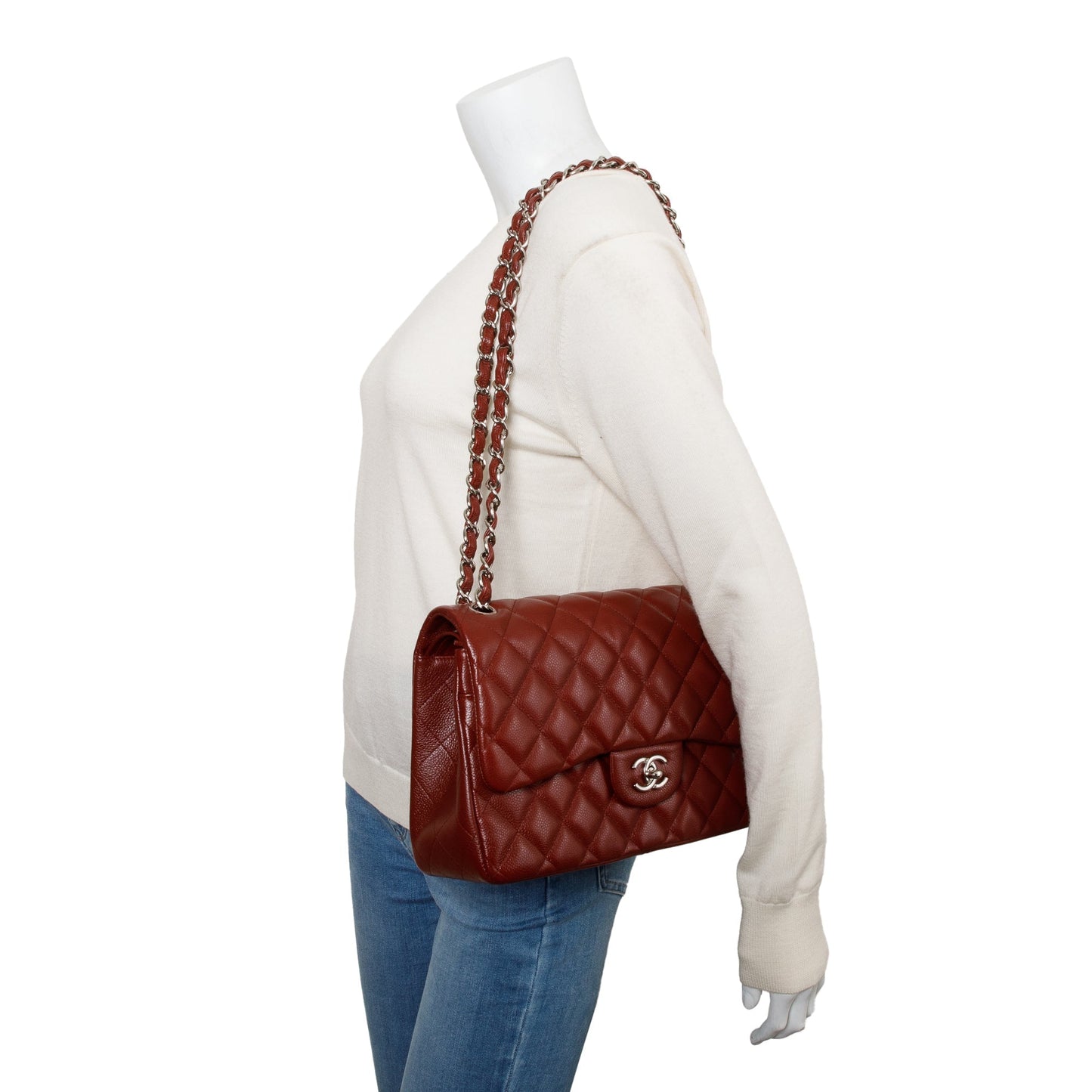 Chanel Red Quilted Caviar Leather Classic Jumbo Double Flap Bag w/ Box & Authenticity Card