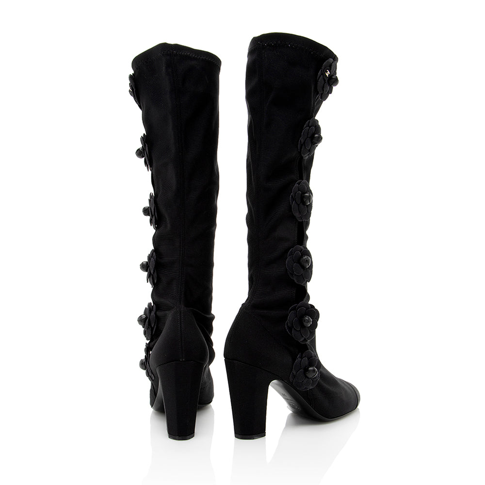 Chanel Satin Camellia Sock Boot - Size 7 / 37 (SHF-17935)