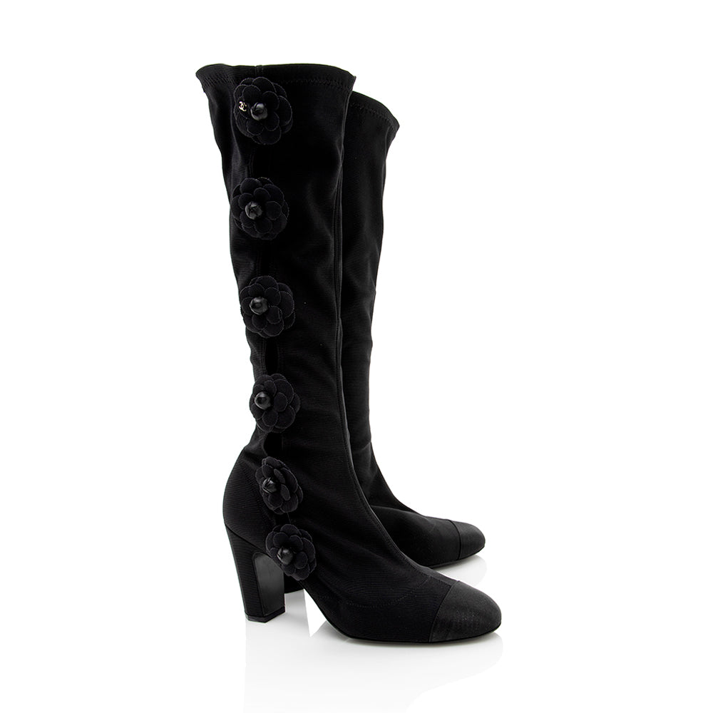 Chanel Satin Camellia Sock Boot - Size 7 / 37 (SHF-17935)