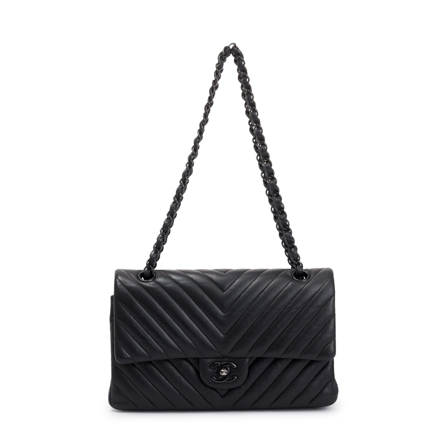 Chanel So Black Chevron Calfskin Leather Classic Medium Double Flap Bag