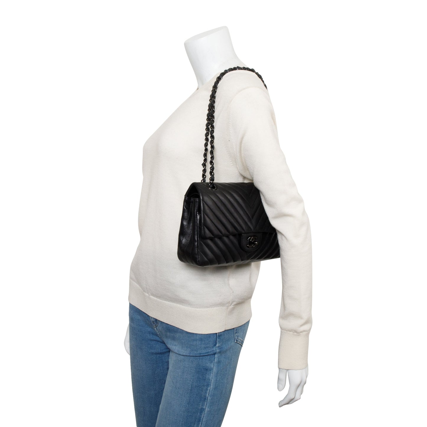 Chanel So Black Chevron Quilted Lambskin Leather Classic Medium Double Flap Bag