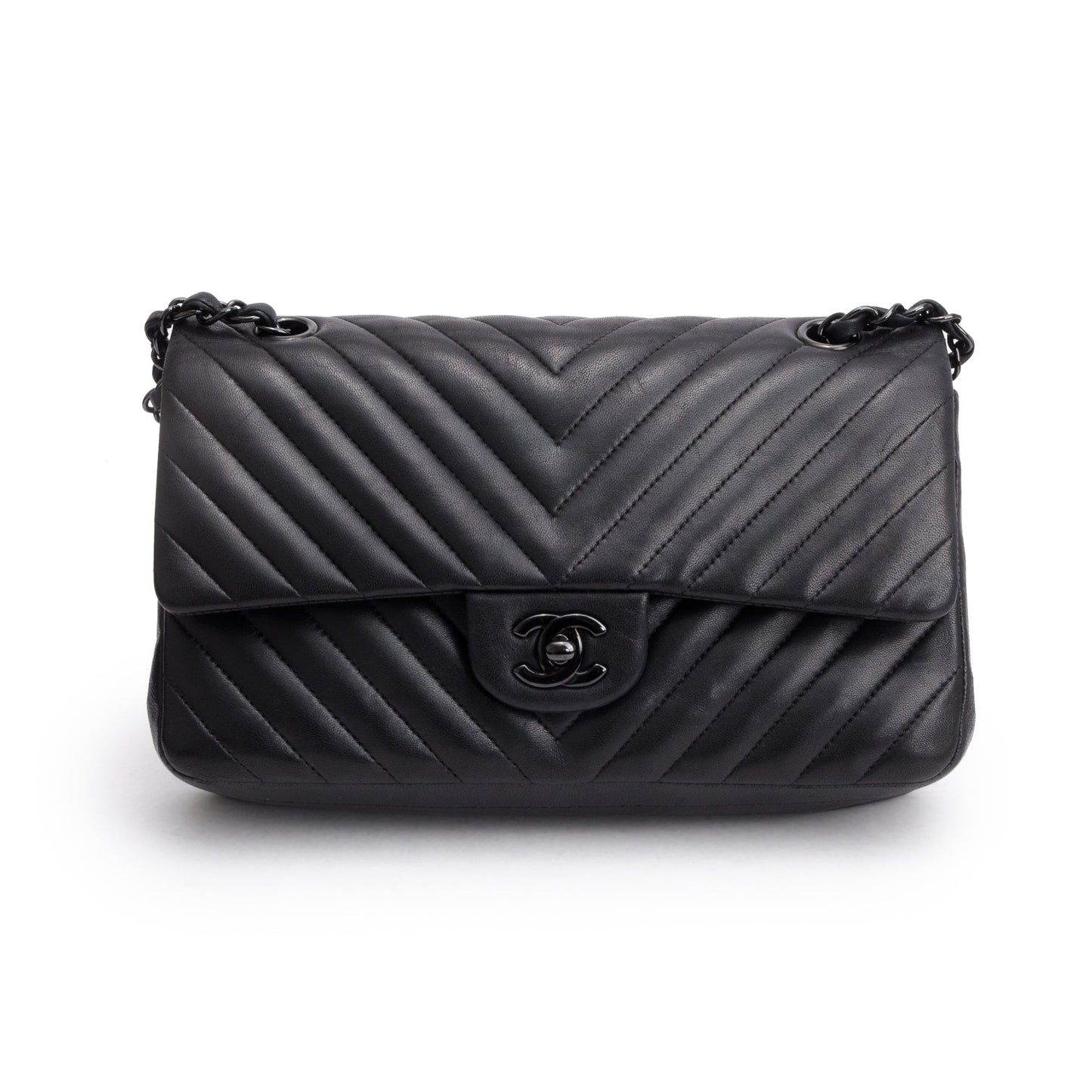 Chanel So Black Chevron Quilted Lambskin Leather Classic Medium Double Flap Bag