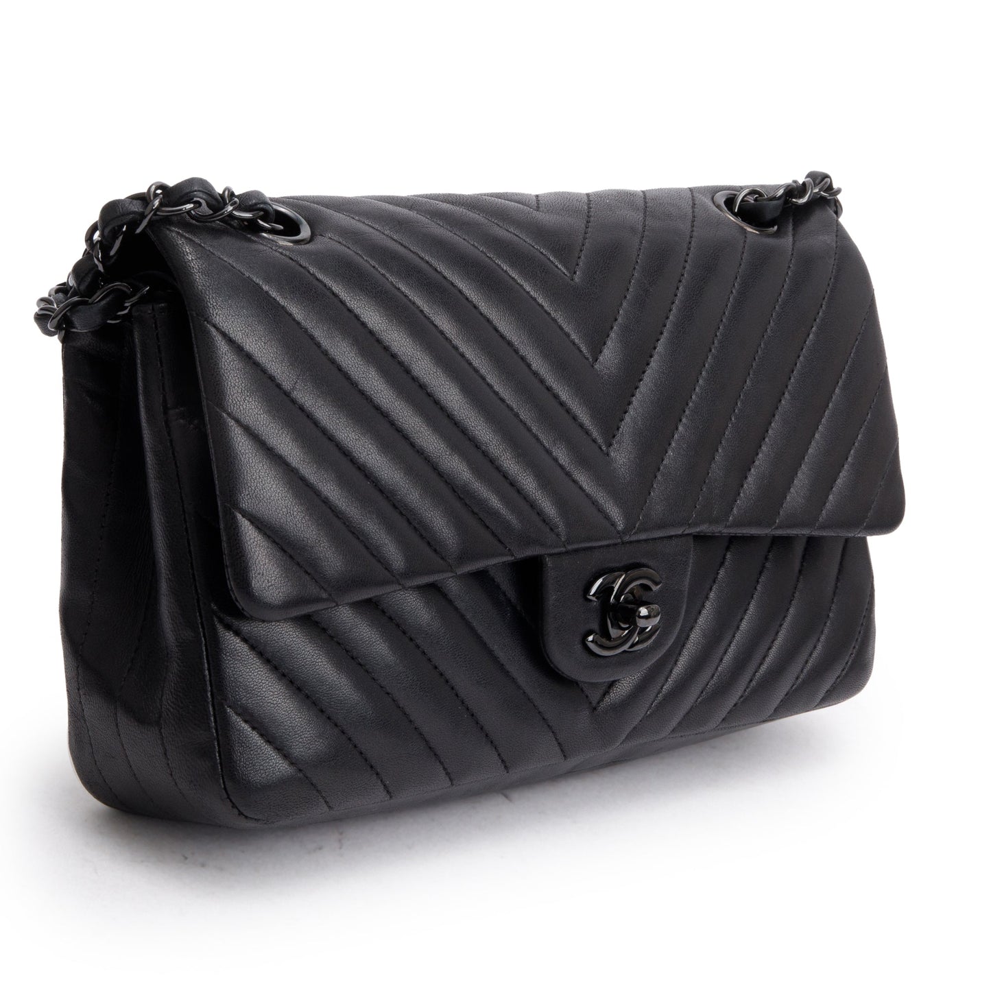 Chanel So Black Chevron Quilted Lambskin Leather Classic Medium Double Flap Bag