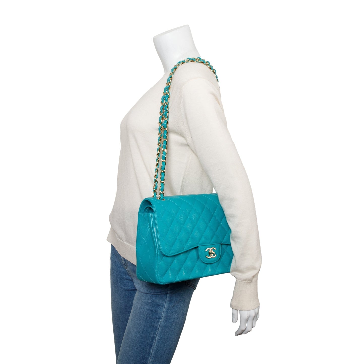 Chanel Turquoise Caviar Leather Classic Jumbo Double Flap Bag w/ Box