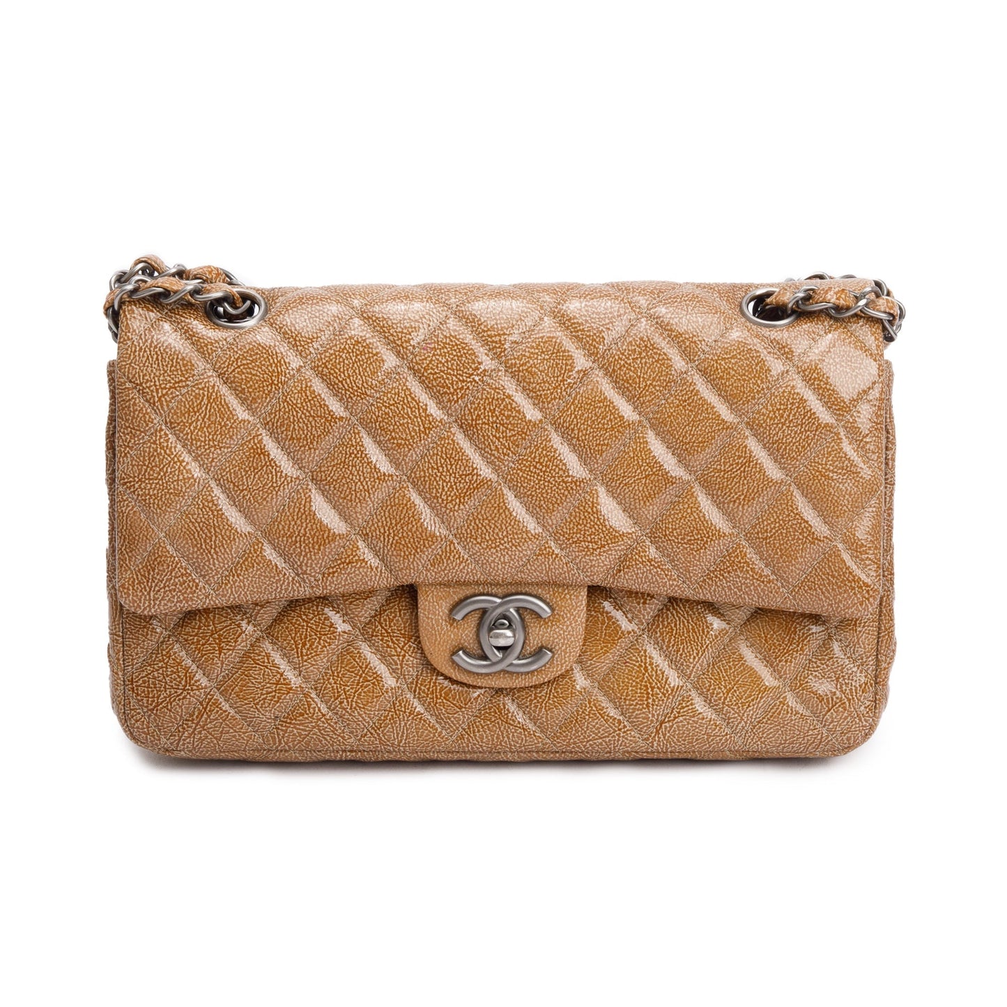Chanel Vintage Brown Crinkled Patent Leather Classic Medium Double Flap Bag