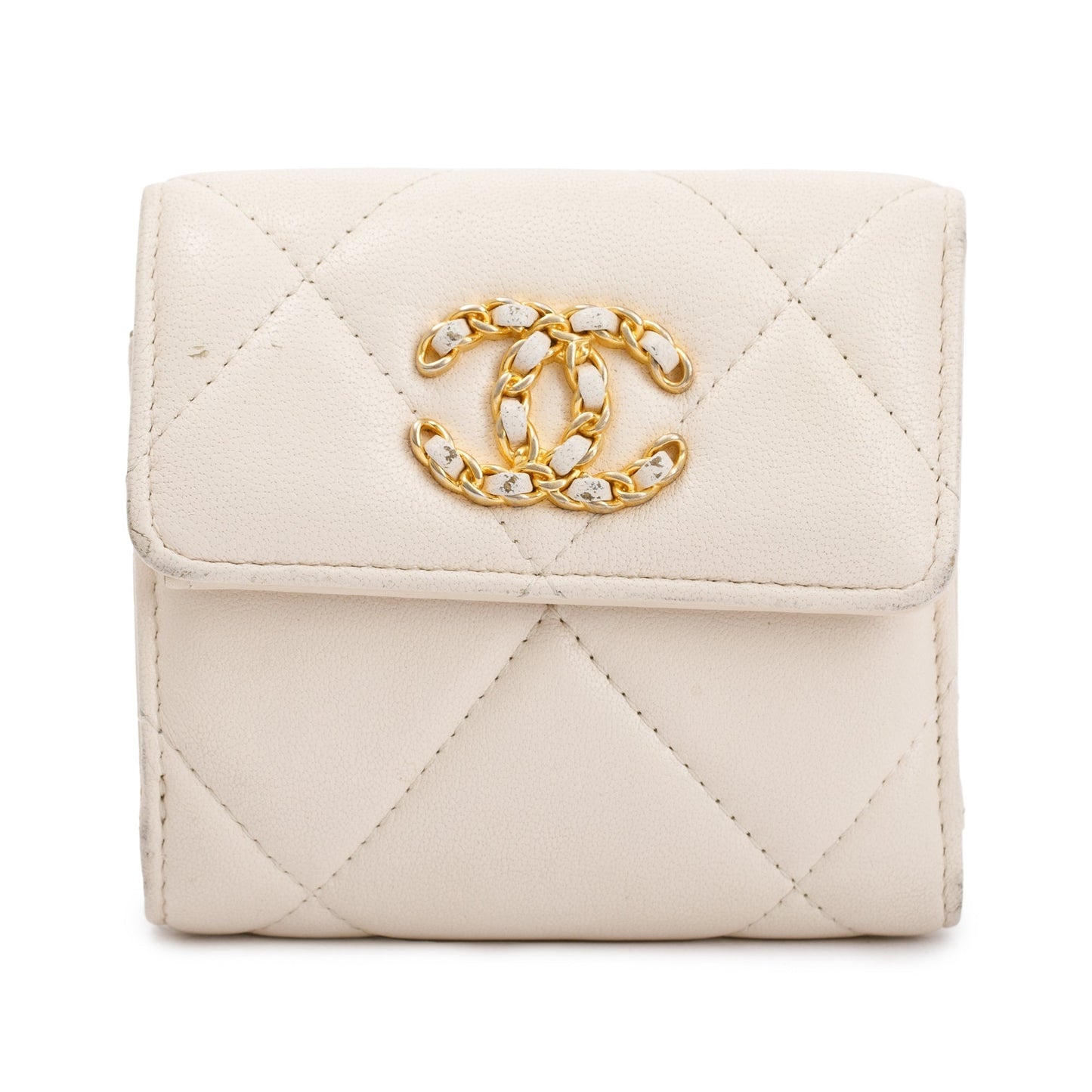 Chanel White Quilted Leather Small 19 Flap Wallet w/ Authenticity Card