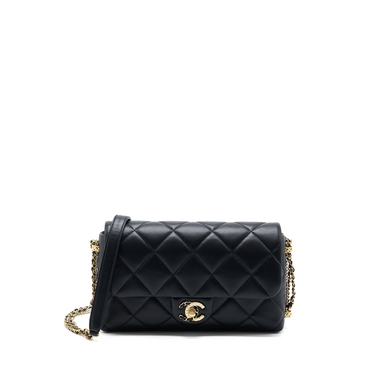 Chanel Quilted Detailed Logo Flap Bag Lambskin Black GHW (Microchip)
