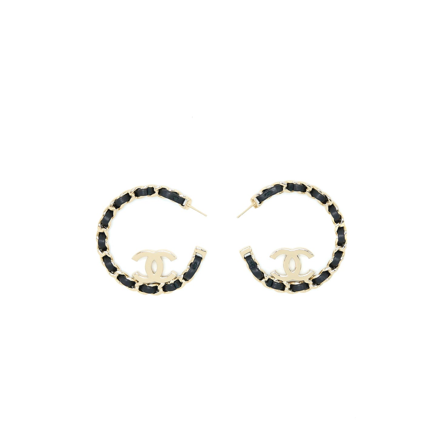 Chanel 22P Round CC With Black Leather Earrings Light Gold Tone