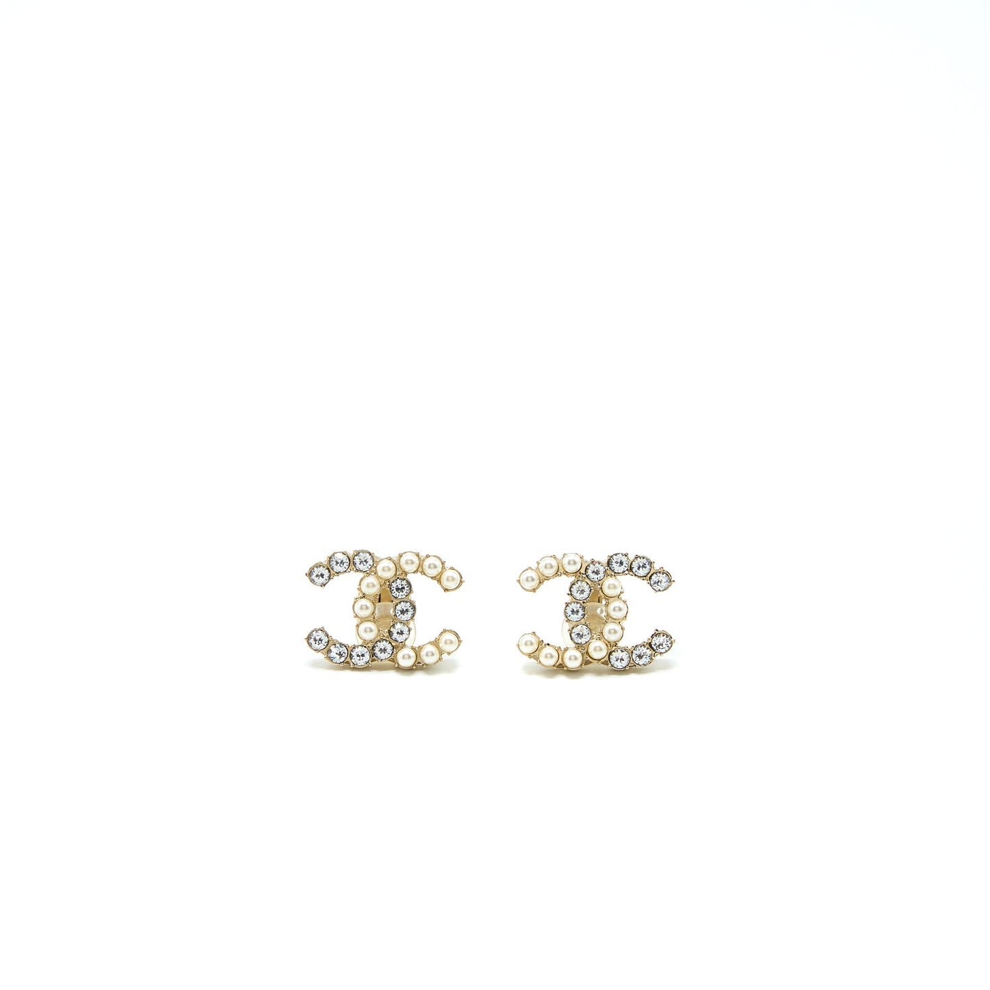 Chanel CC Logo Crystal And Pearl Ear Clips Light Gold Tone