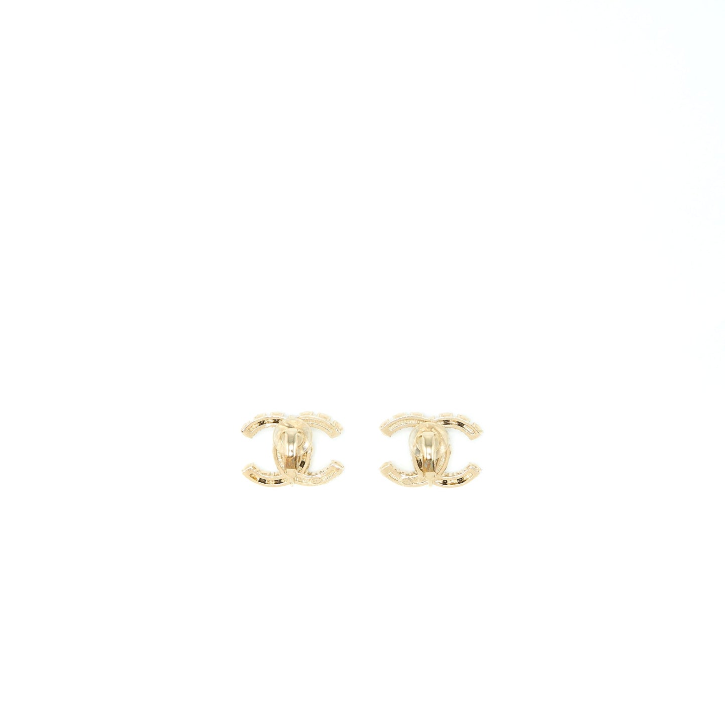 Chanel CC Logo Crystal And Pearl Ear Clips Light Gold Tone