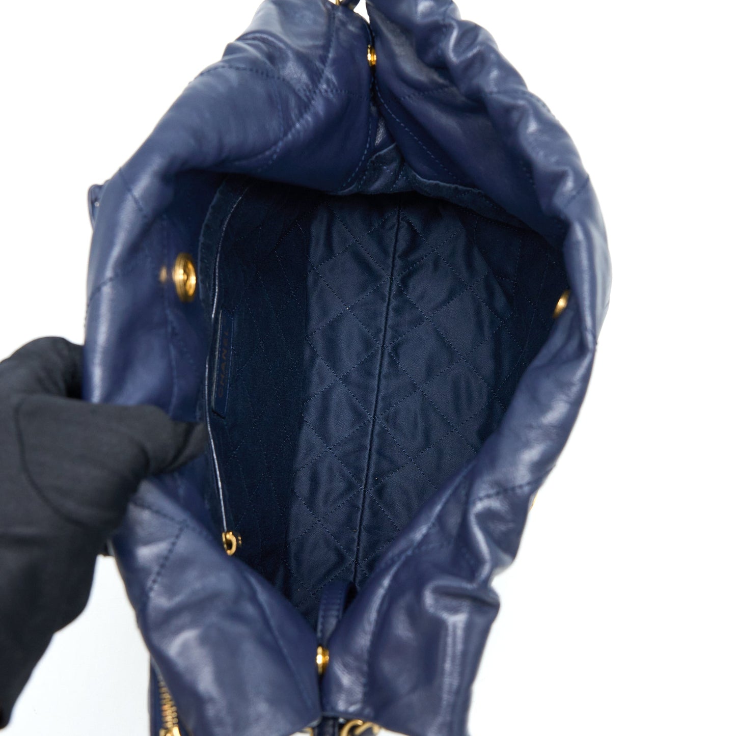 Chanel Small 22 Bag Shiny Calfskin Navy GHW (Microchip)