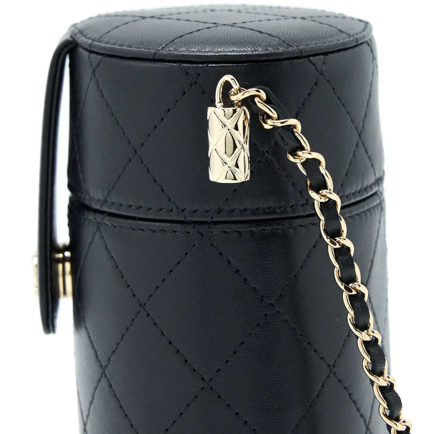 Chanel Round Vanity Case With Chain Lambskin Black LGHW