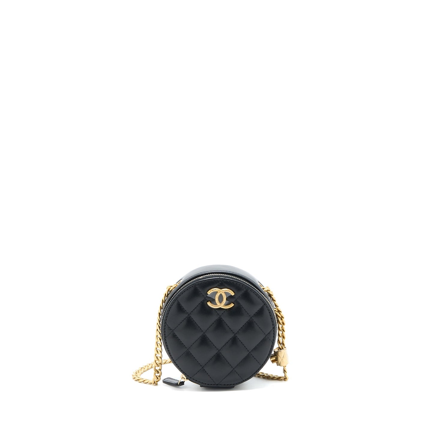 Chanel 22K Gold Pillar Round Clutch With Chain Lambskin Black Brushed GHW