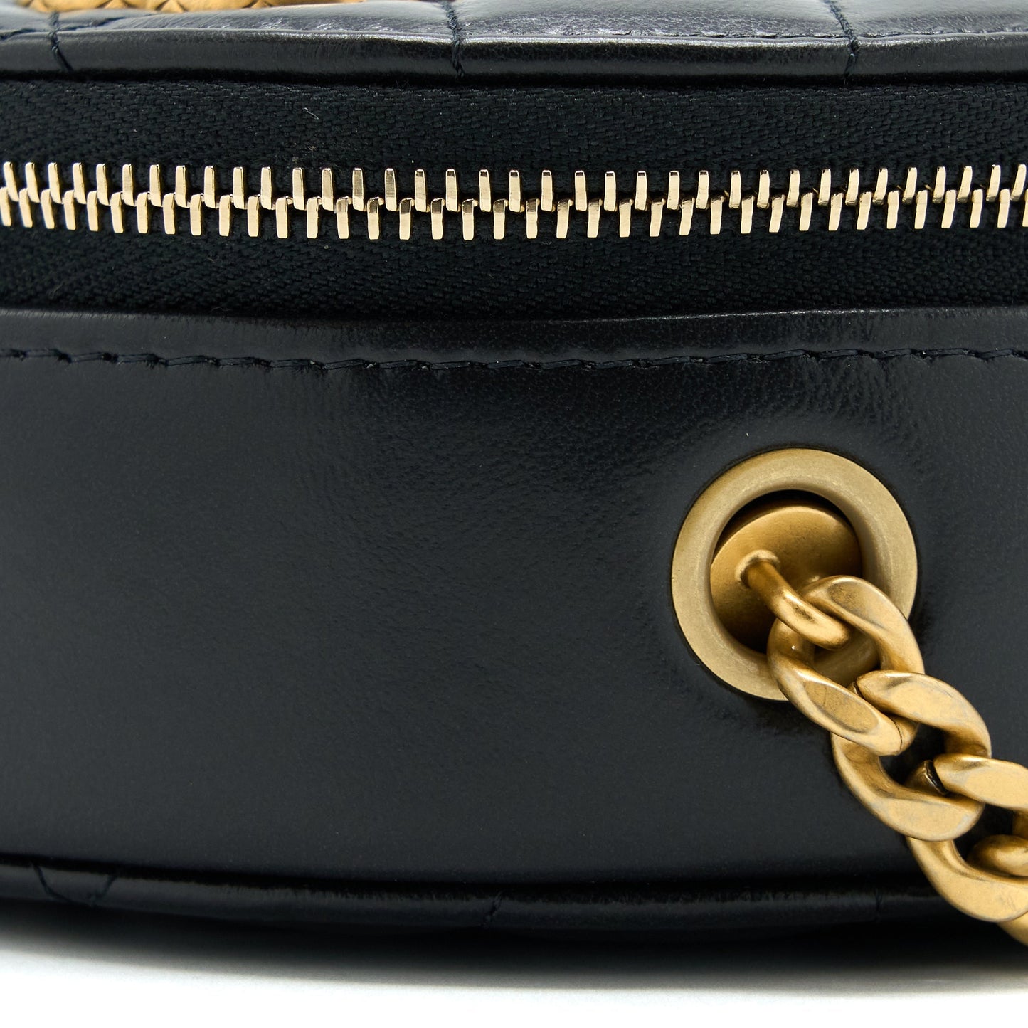 Chanel 22K Gold Pillar Round Clutch With Chain Lambskin Black Brushed GHW